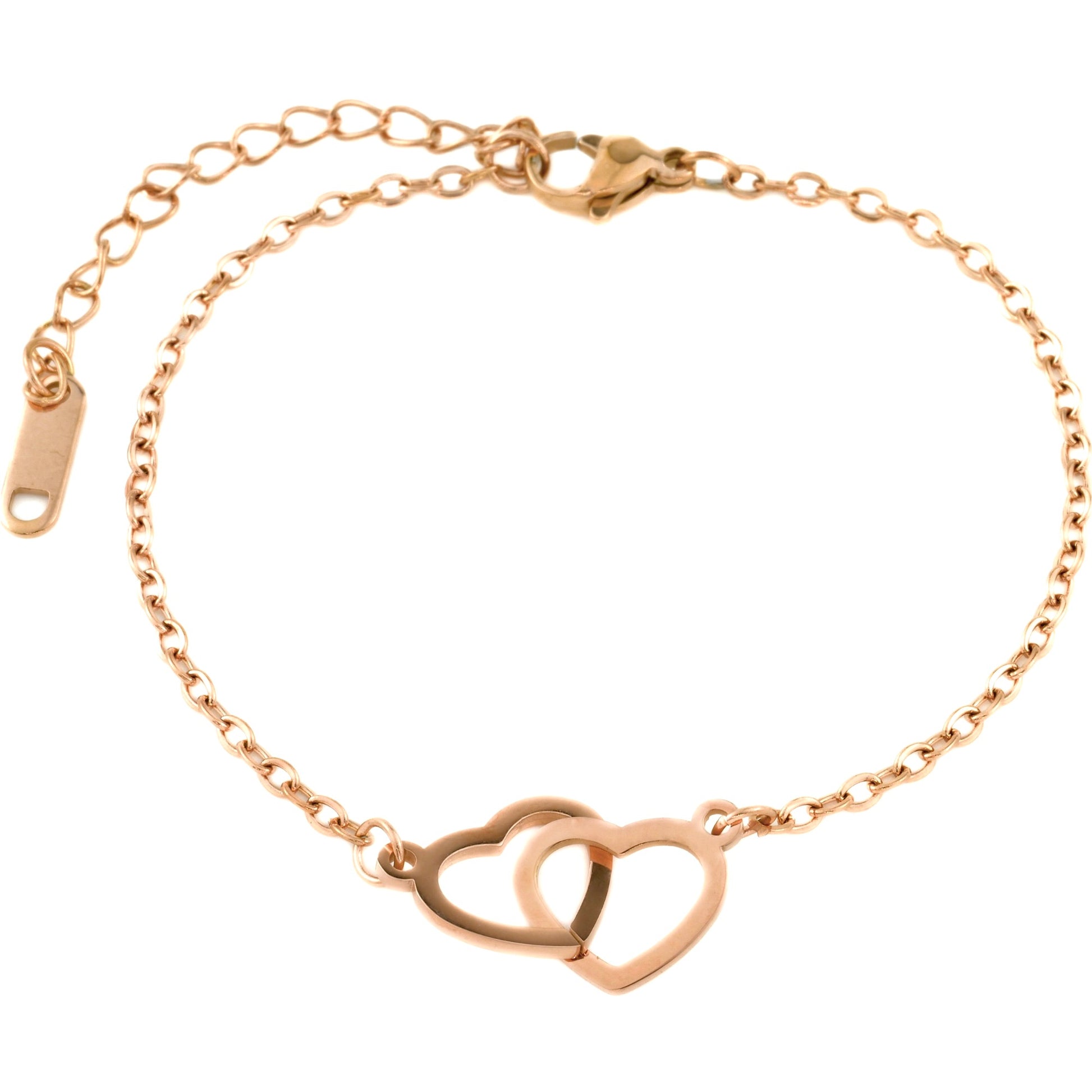 Top view of rose gold bracelet with interlocking hearts on a white background