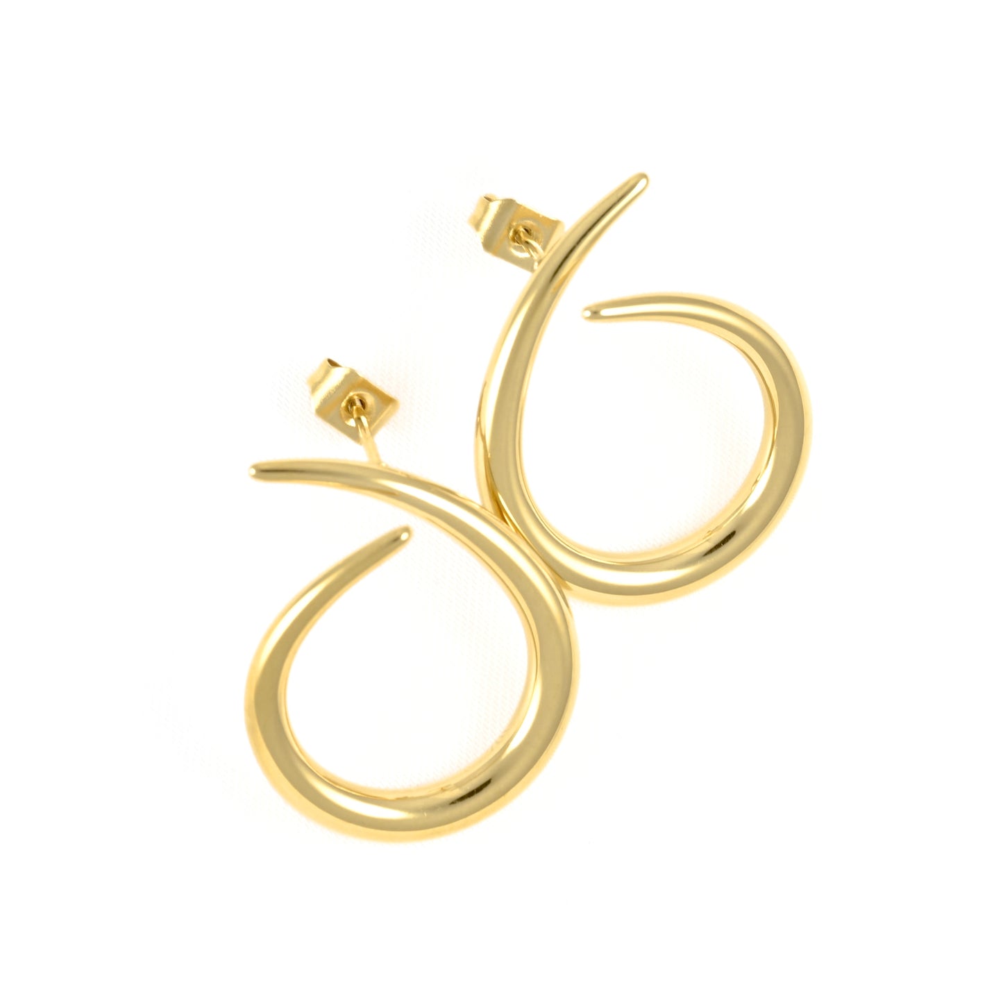 A pair of polished gold hoop earrings with a unique curved, stylized design and post-back closures, shown on a plain white background.
