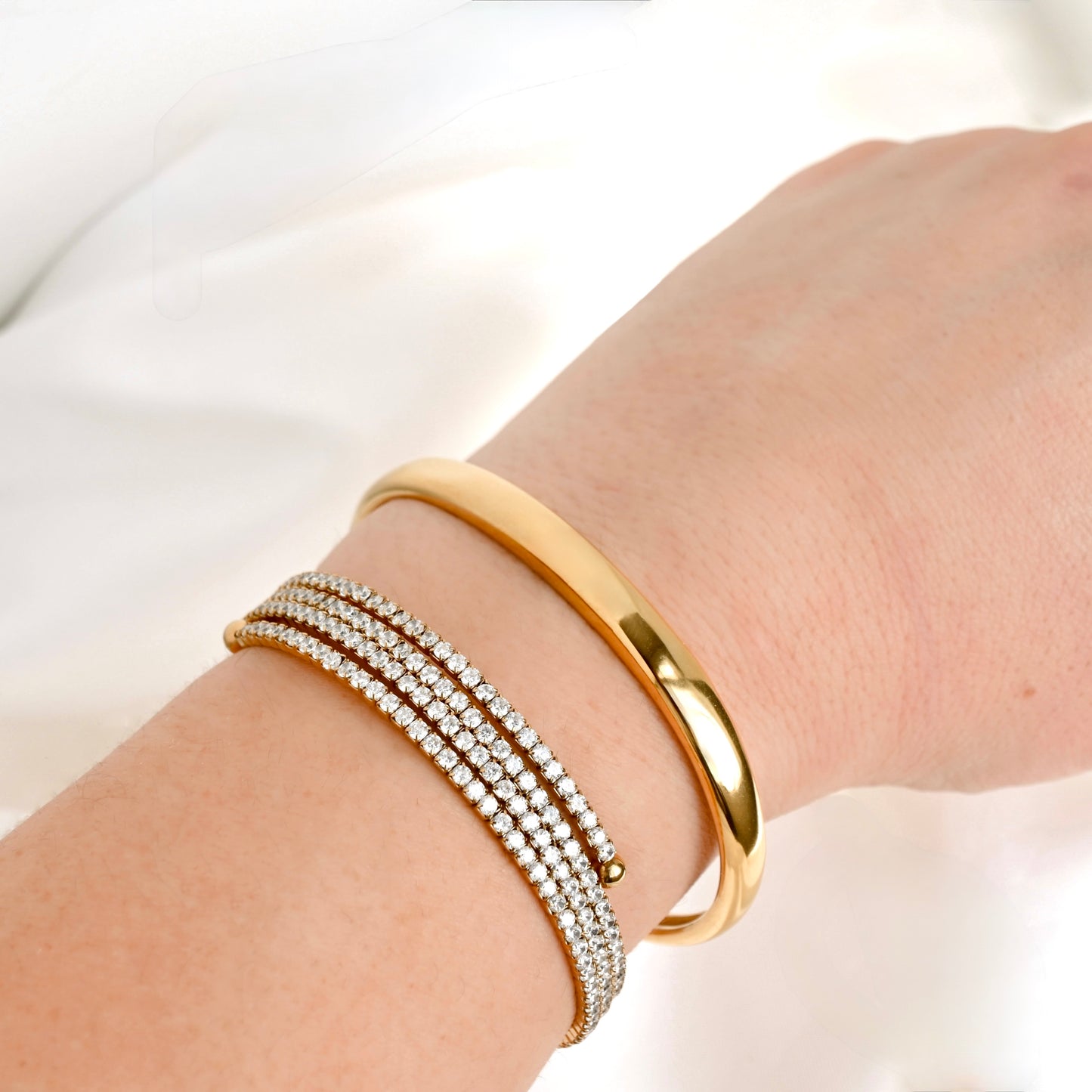 Gold CZ Tennis Wrap Bangle - Stainless Steel CZ Coil Bangle
