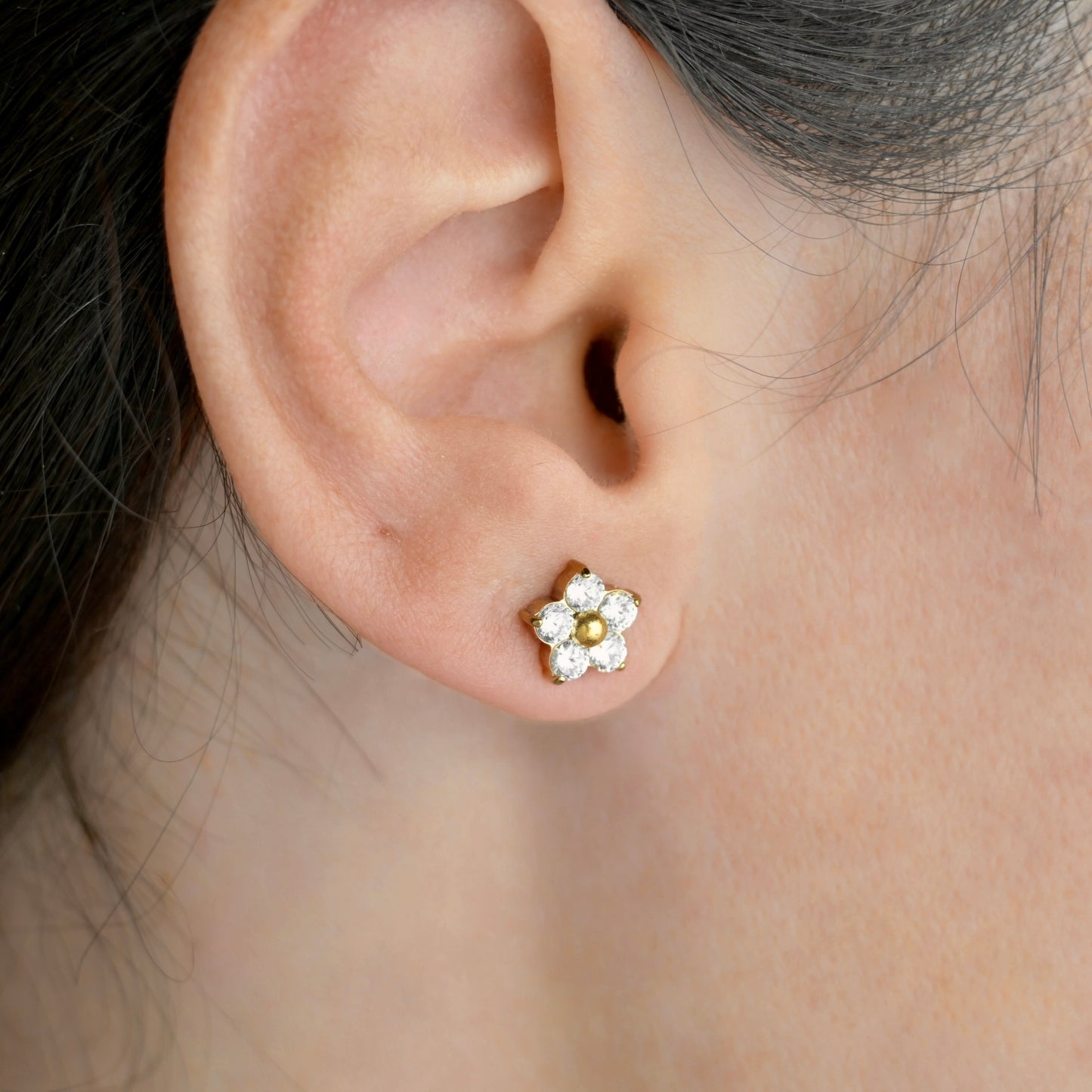 CZ Flower Stud Earrings - 18k Gold PVD - Stainless Steel