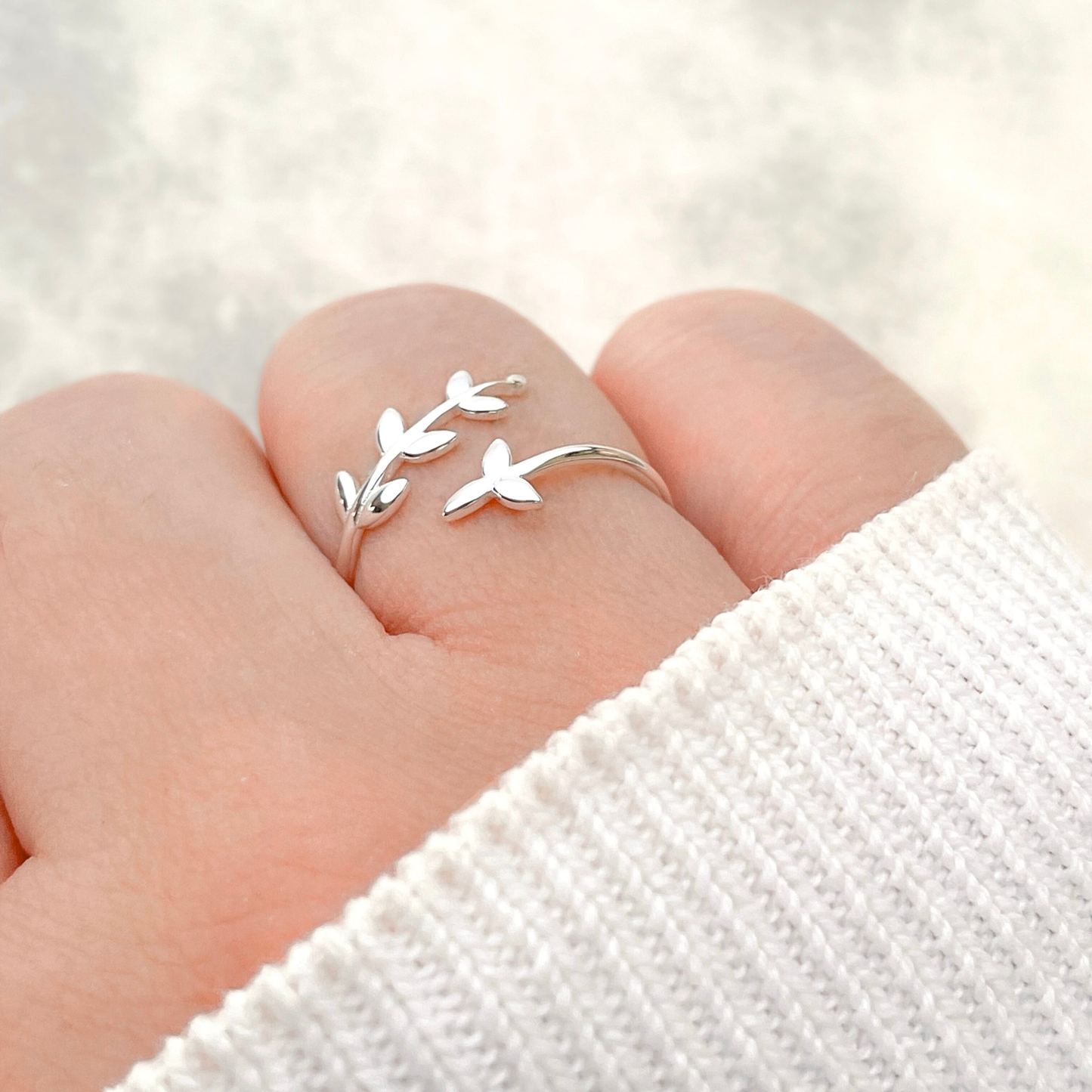 Dainty Silver Olive Branch Ring - 925 Sterling Silver - Adjustable