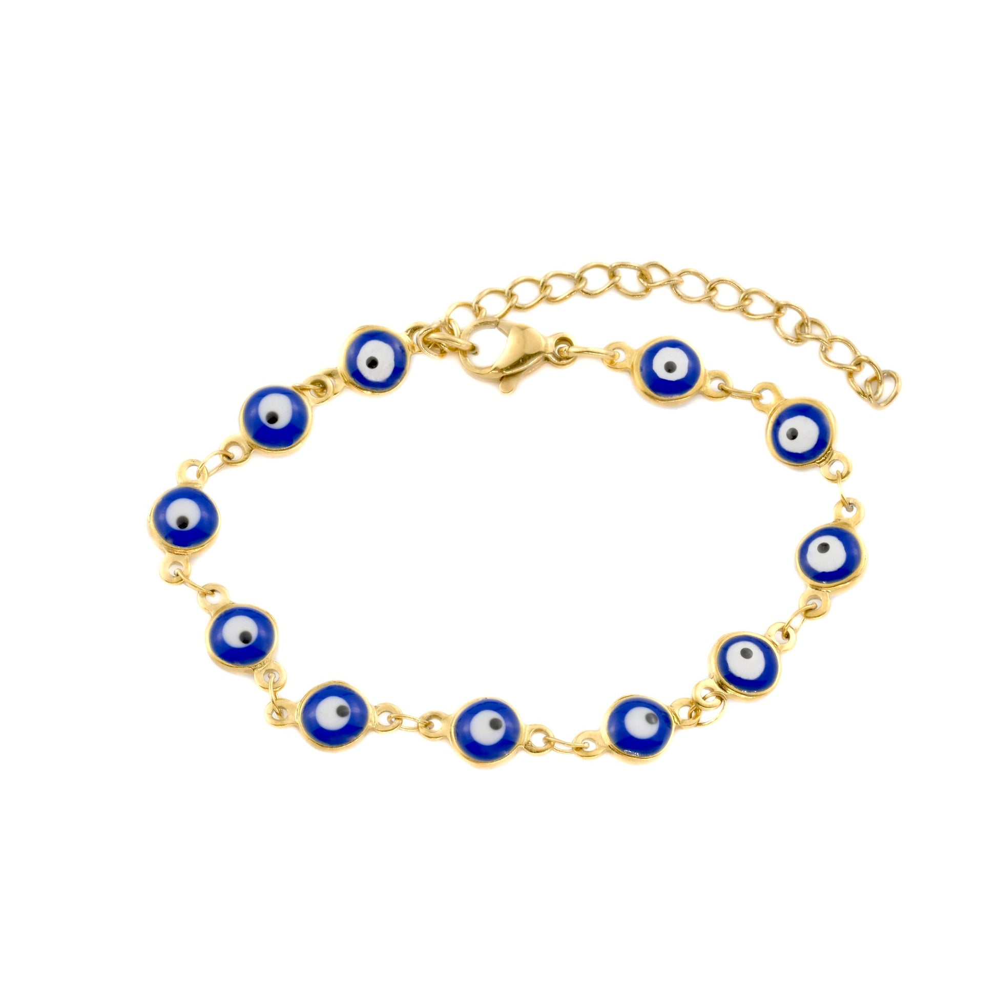 Top view of gold evil eye beaded bracelet with enamel beads, lobster claw clasp and extender.