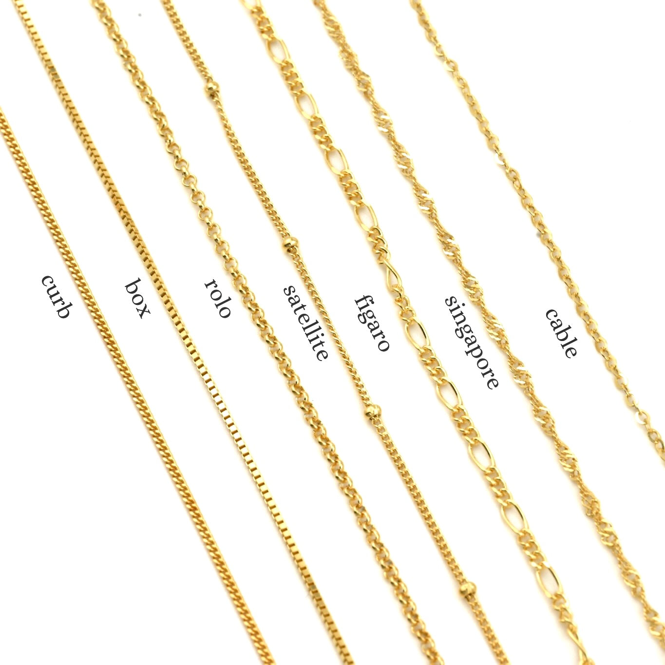 Gold chains with different designs on a white background