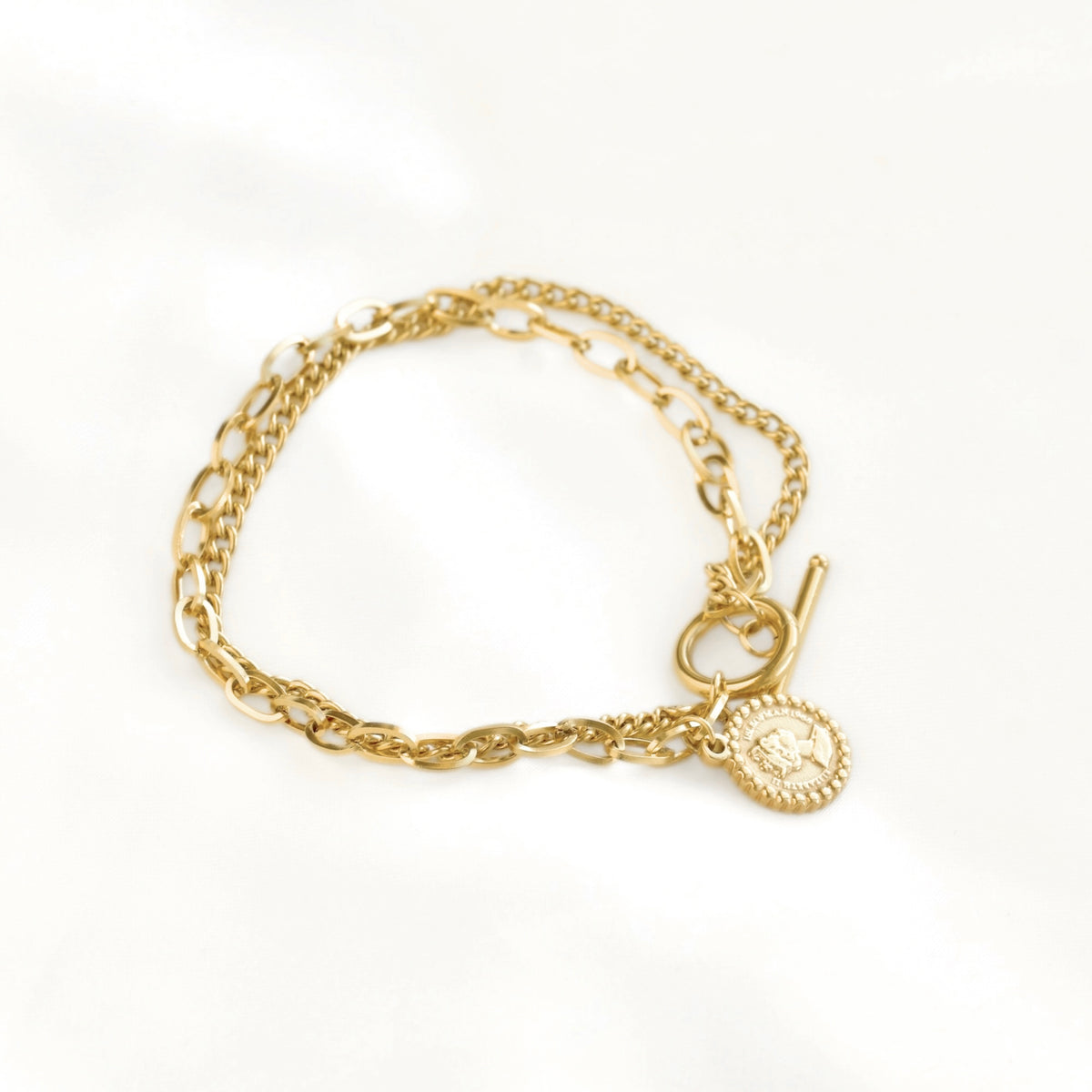 Double Layered Coin Charm Toggle Bracelet - Stainless Steel