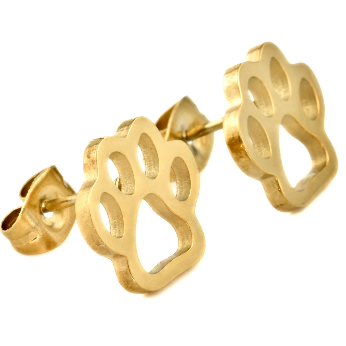 Side close-up view of gold paw print earrings with butterfly backs on, on a white background