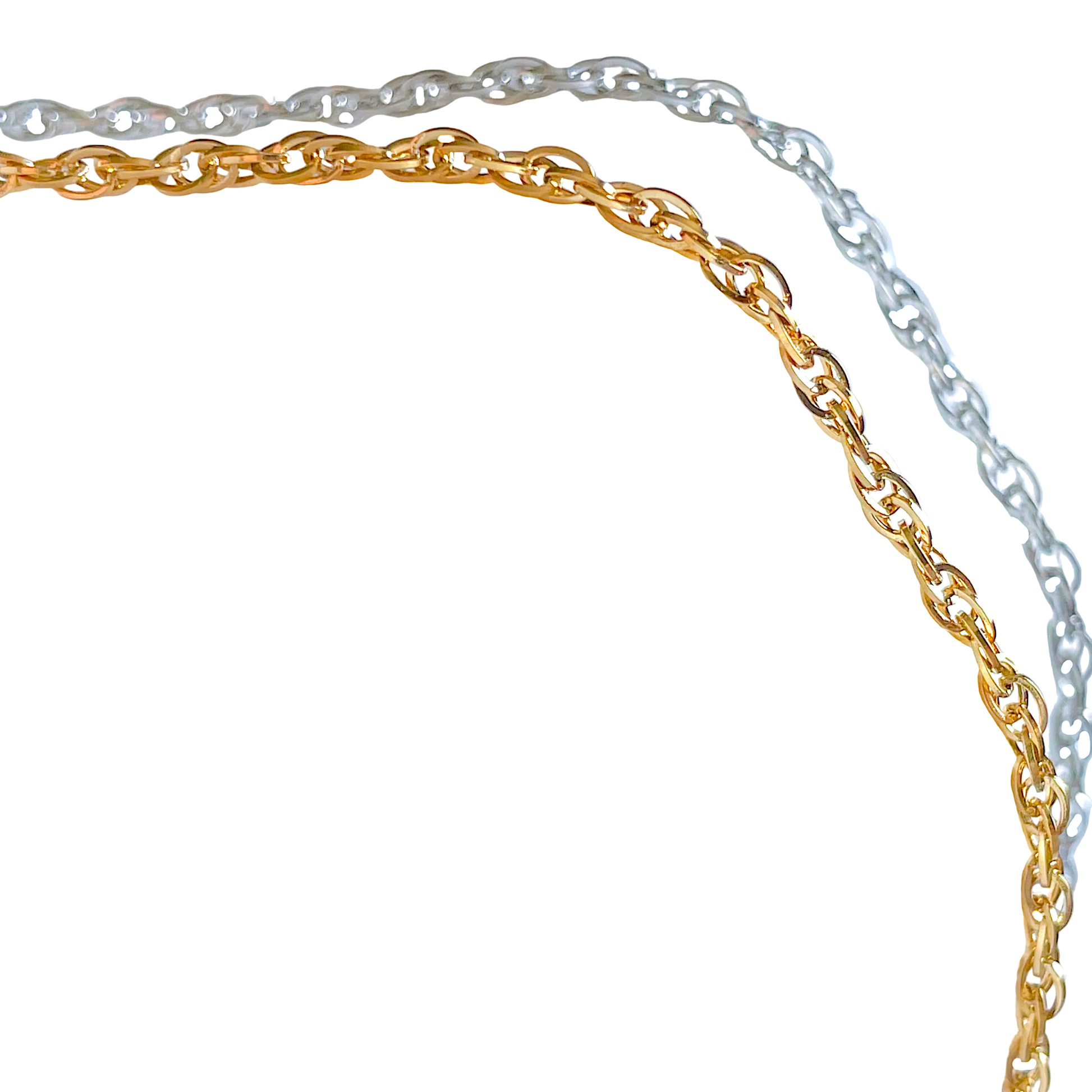 Two gold and silver chain ankle chains on a white background