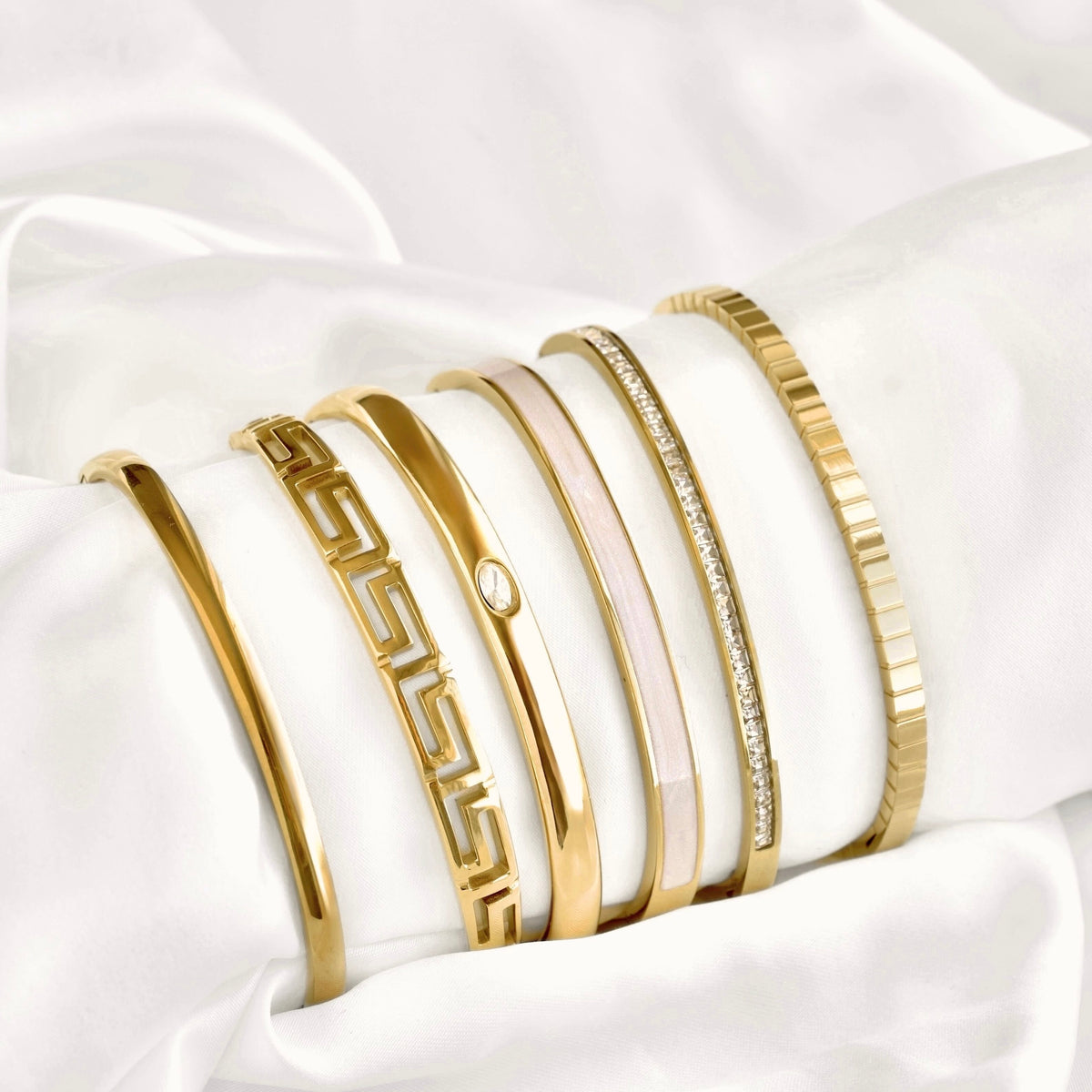 Mixed Motif Gold Hinged Bangle Set - Stainless Steel