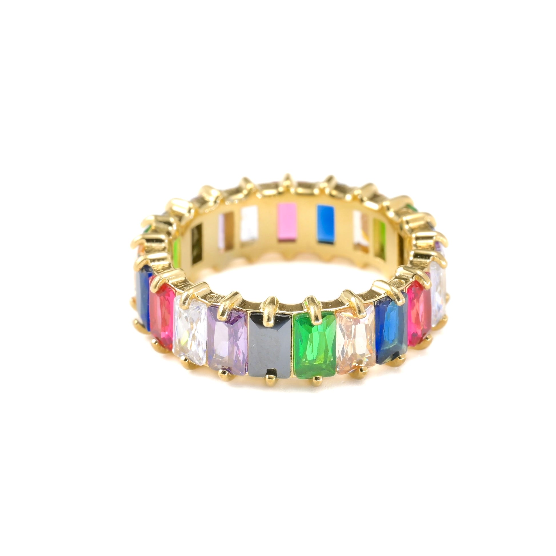 Gold ring with colorful CZ stones on a white background