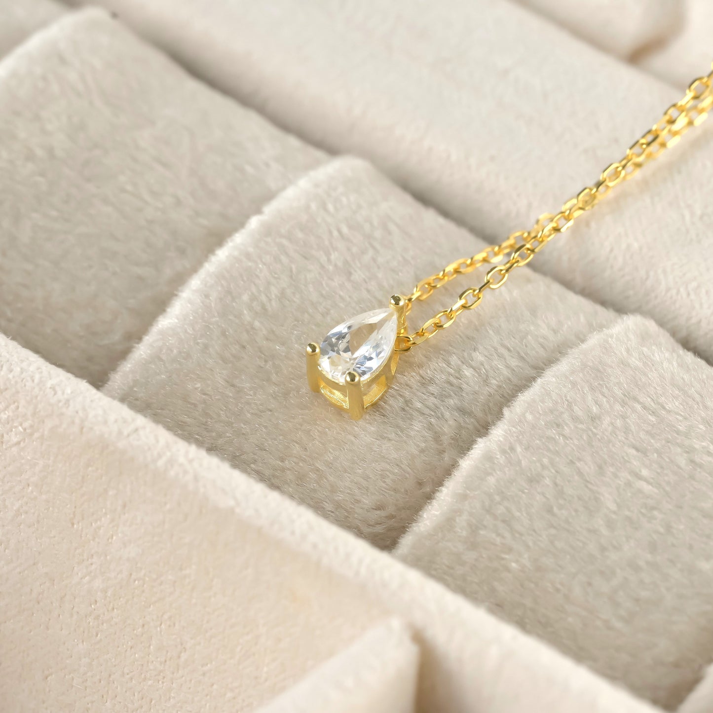 925 Sterling Silver Diamond Charm Necklace, Gold Plated, Teardrop Solitaire Chevron Charms