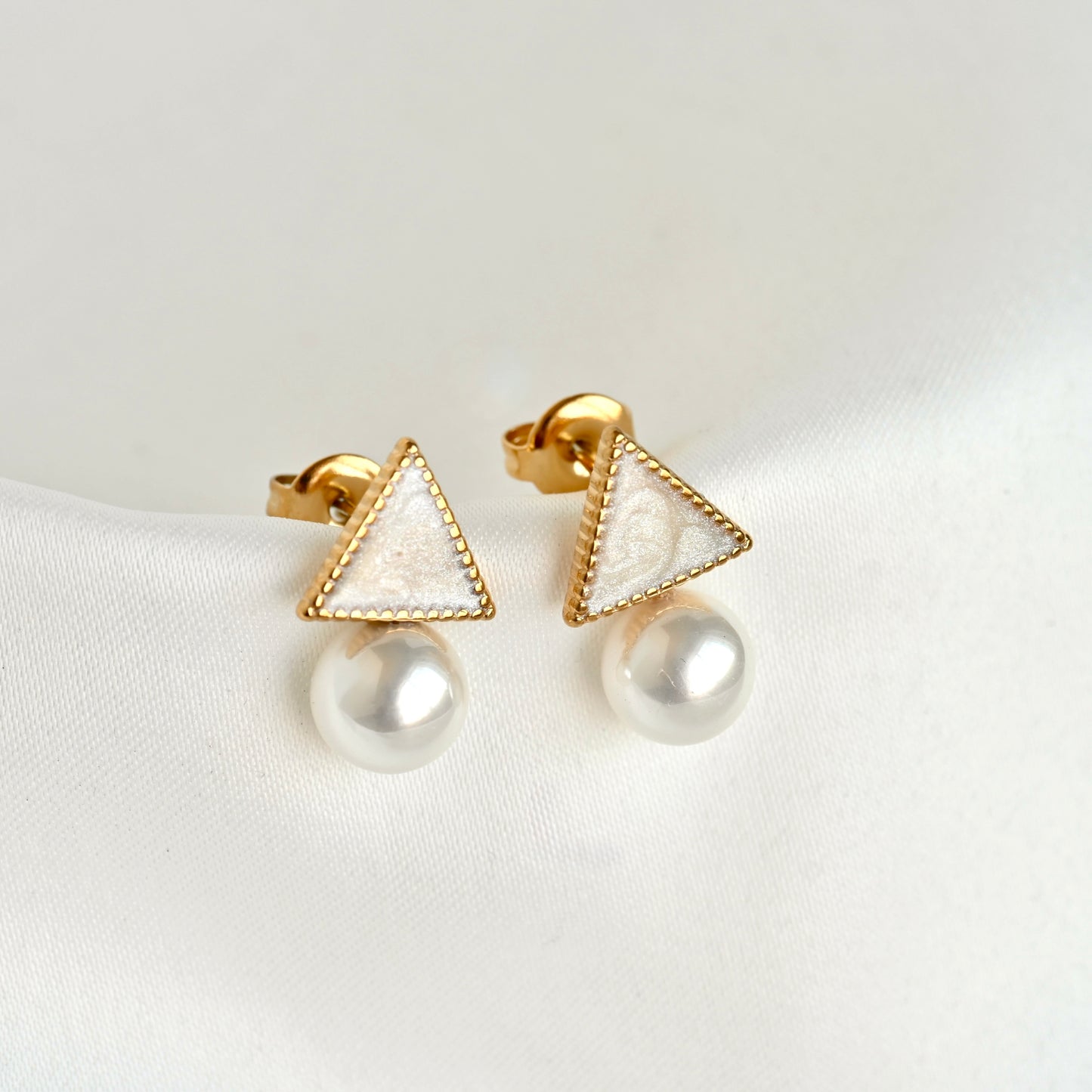 Milgrain Triangle Pearl Earrings - Stainless Steel