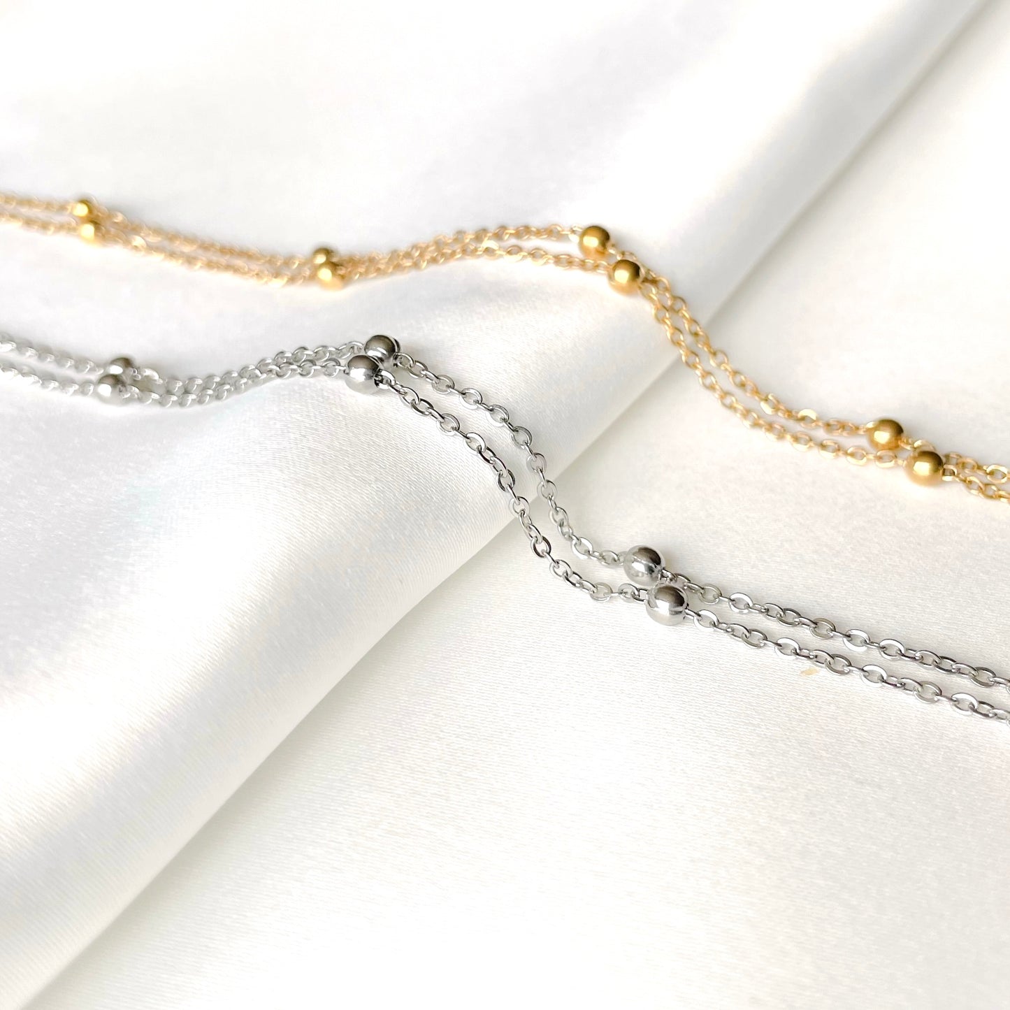 Satellite Chain Necklace - Beaded Gold Necklace for Stacking, Stainless Steel, 16"