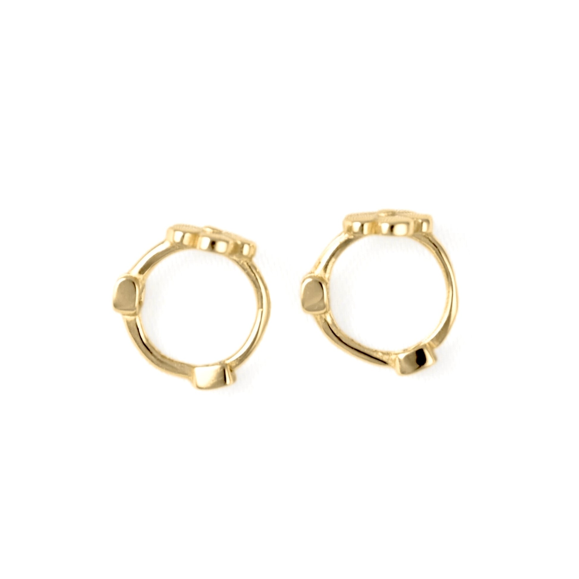 A pair of small gold huggie hoop earrings with textured, raised segments along the front, shown on a plain white background.