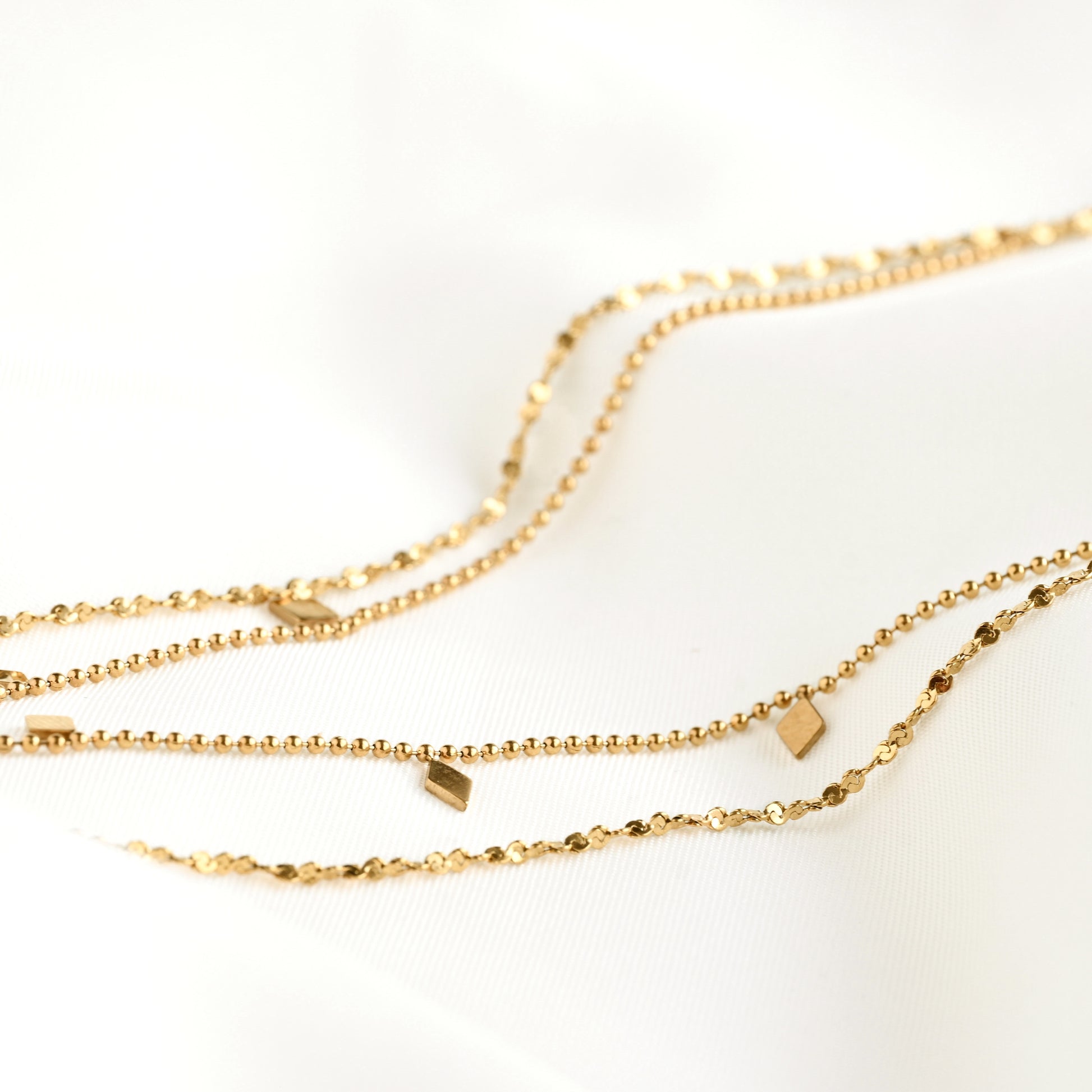 Close up side profile view of layered gold chain necklace with textured chains