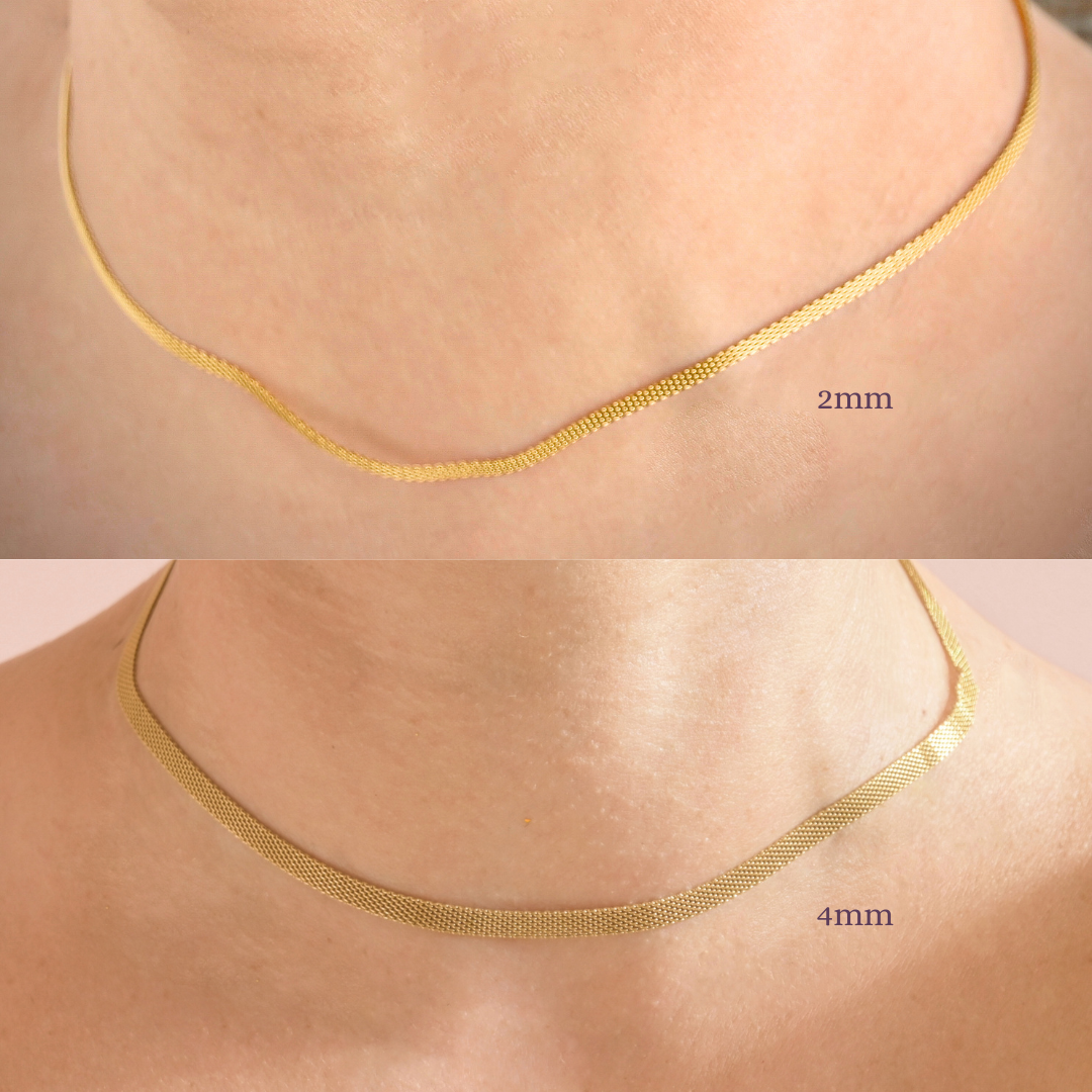 Thin Mesh Choker, Stainless Steel Mesh Herringbone Necklace - Gold & Silver - 2mm & 4mm - 14"