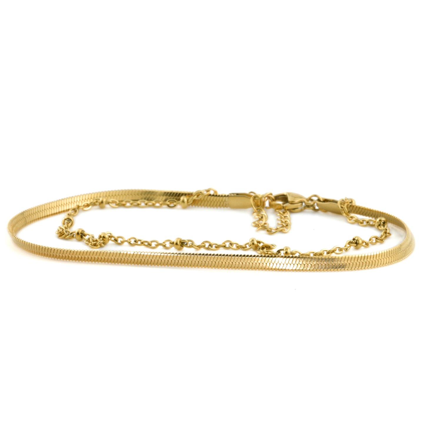 Layered Herringbone Anklet, Gold PVD, Stainless Steel, Waterproof, 8.5"