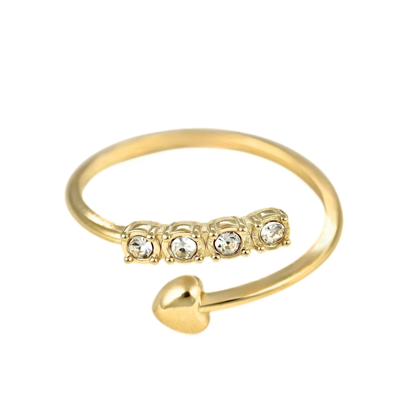 A gold-plated open band ring featuring four clear round-cut gemstones in a row and a small polished heart at the end of the band, shown on a plain white background.