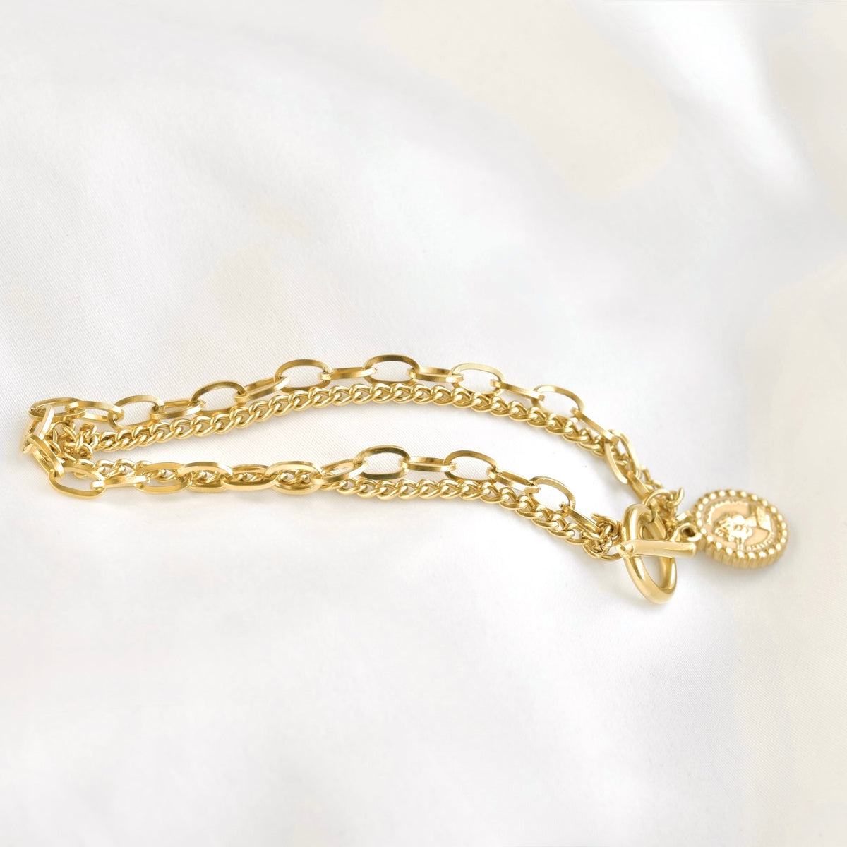 Double Layered Coin Charm Toggle Bracelet - Stainless Steel