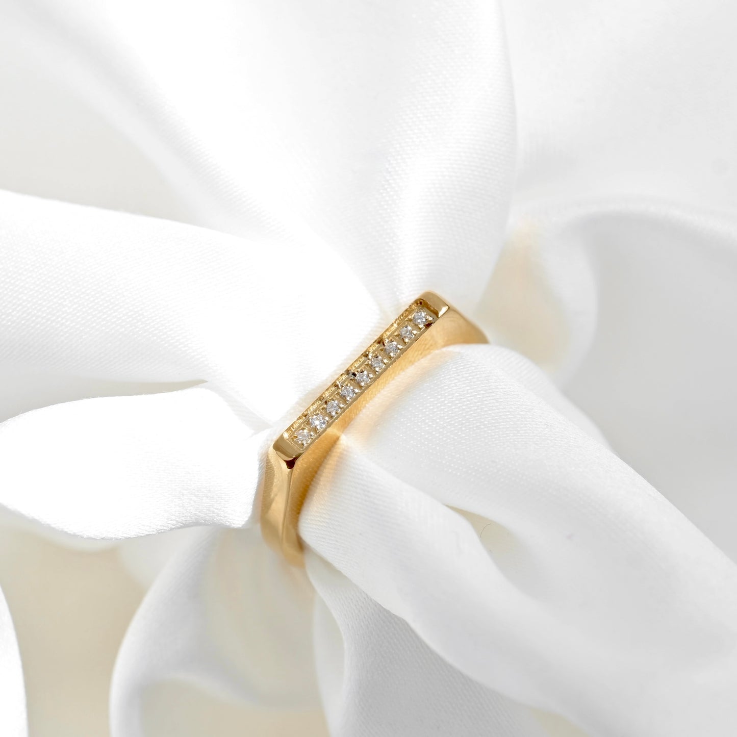 Slim Pave CZ Bar Ring - Stainless Steel Narrow Signet Ring