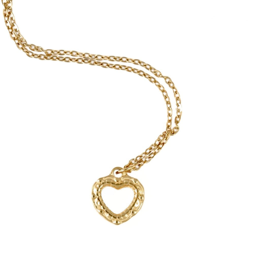 A gold chain necklace featuring a textured, open heart-shaped pendant, displayed on a clean white background.