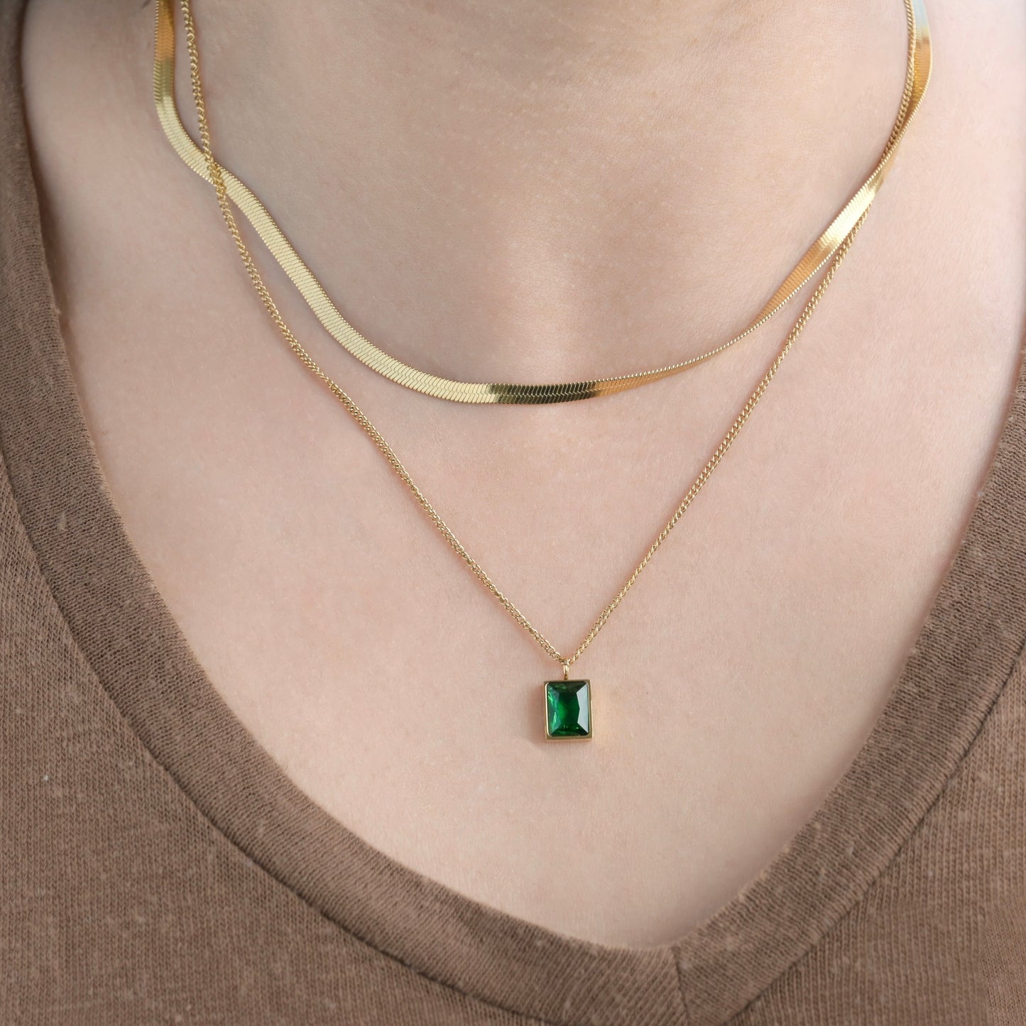 Front view of the necklace on a person