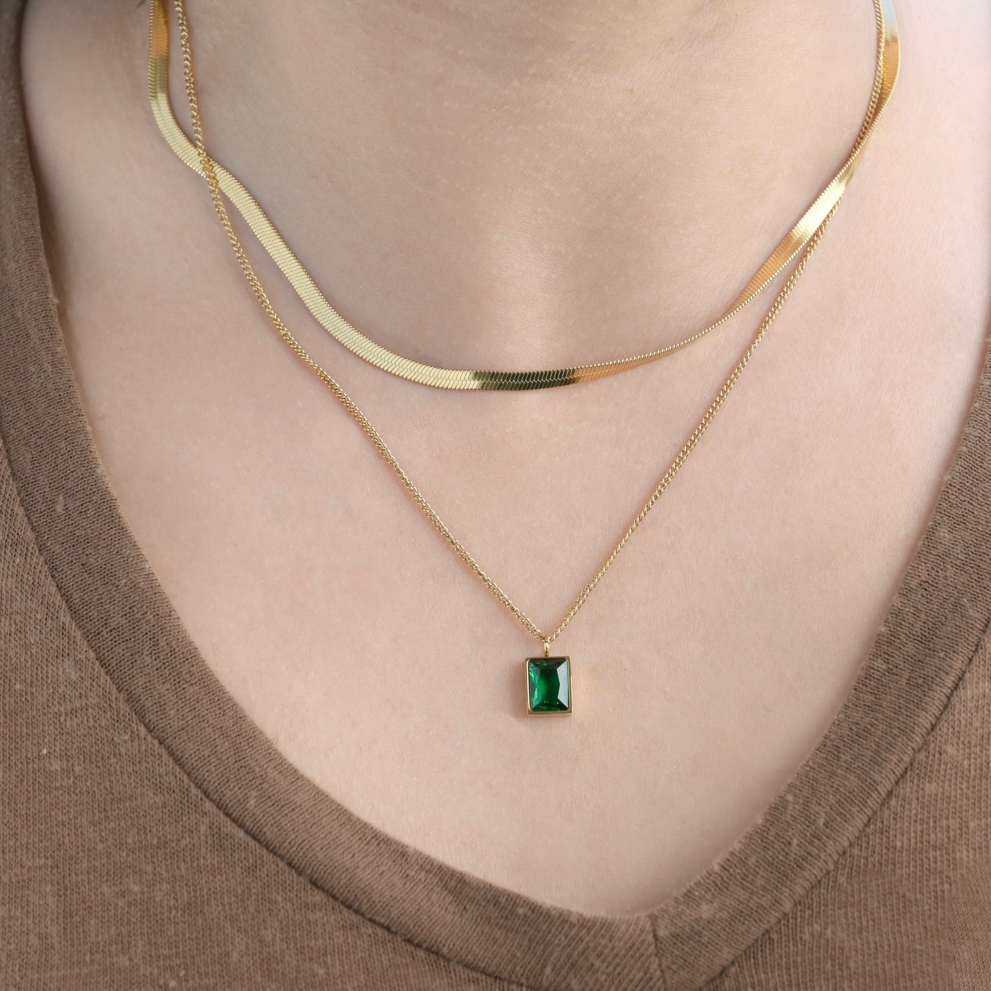 Front view of the necklace on a person