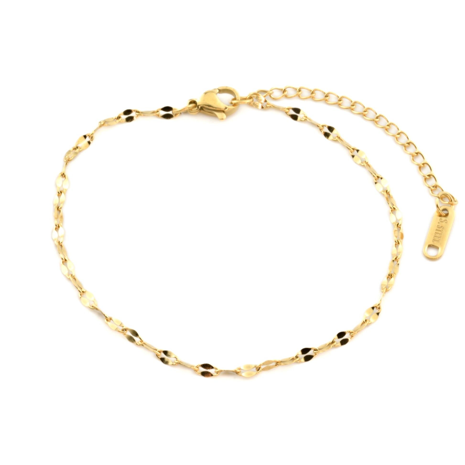 Top view of gold ankle bracelet  with a lobster clasp, extender and S.Steel material hallmark tag on a white background