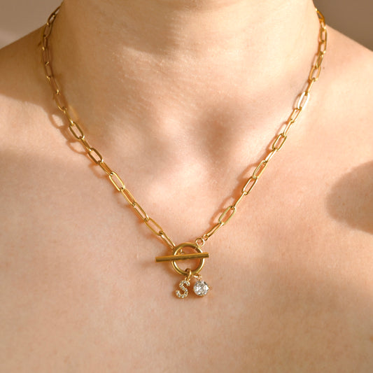 A gold paperclip chain necklace with a toggle clasp and two small dangling clear initial and april birthstone, shown worn on a person's neck and upper chest.