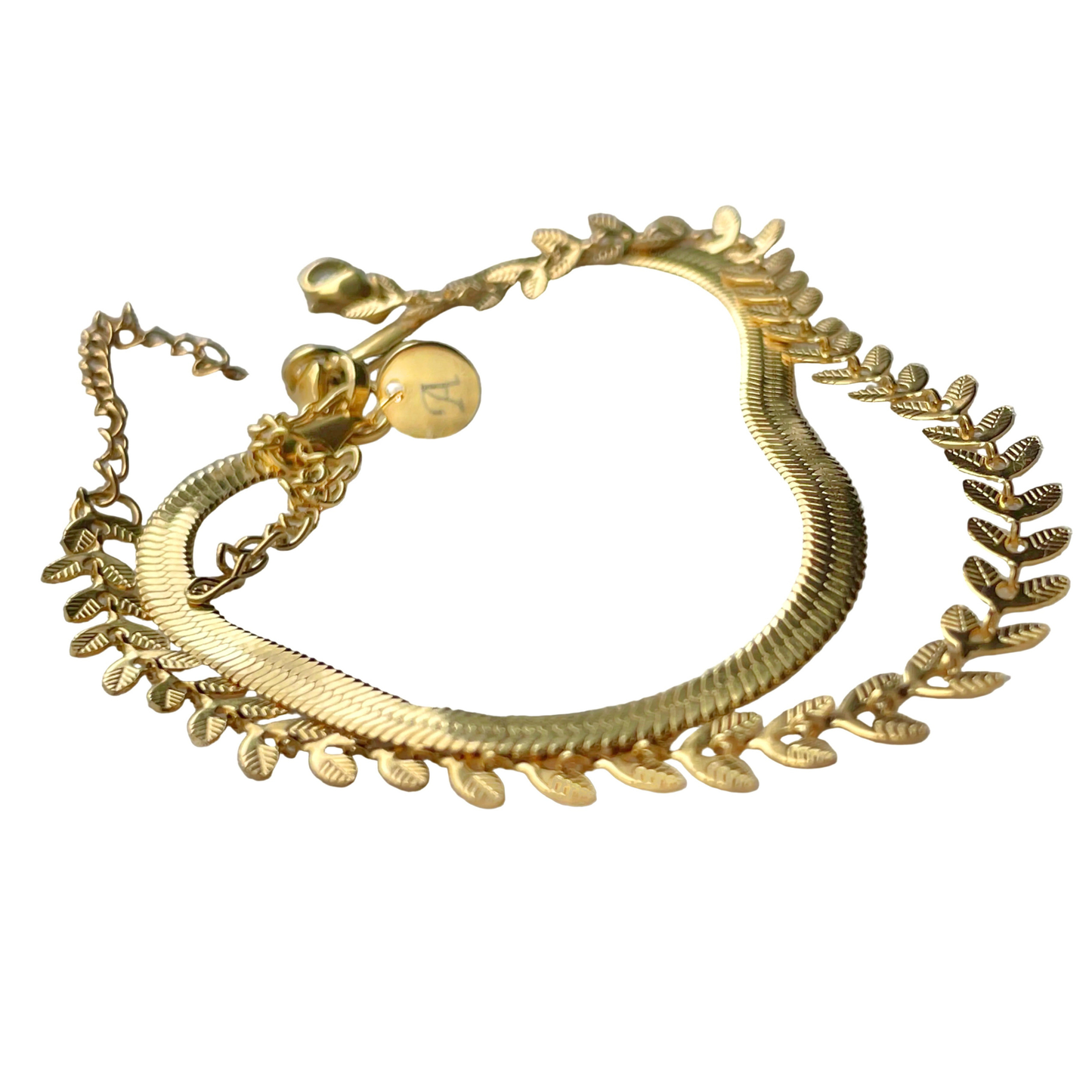 Herringbone Anklet Set - Gold Leaf and Snake Chain Ankle Bracelets, Stainless Steel