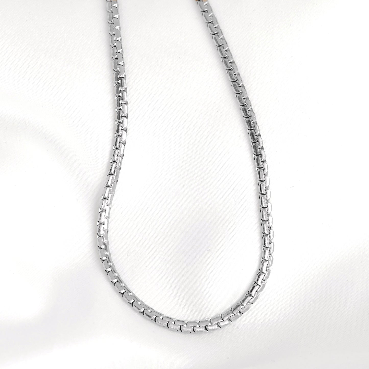 A silver metal snake bone necklace arranged in a U-shape on a plain white background.