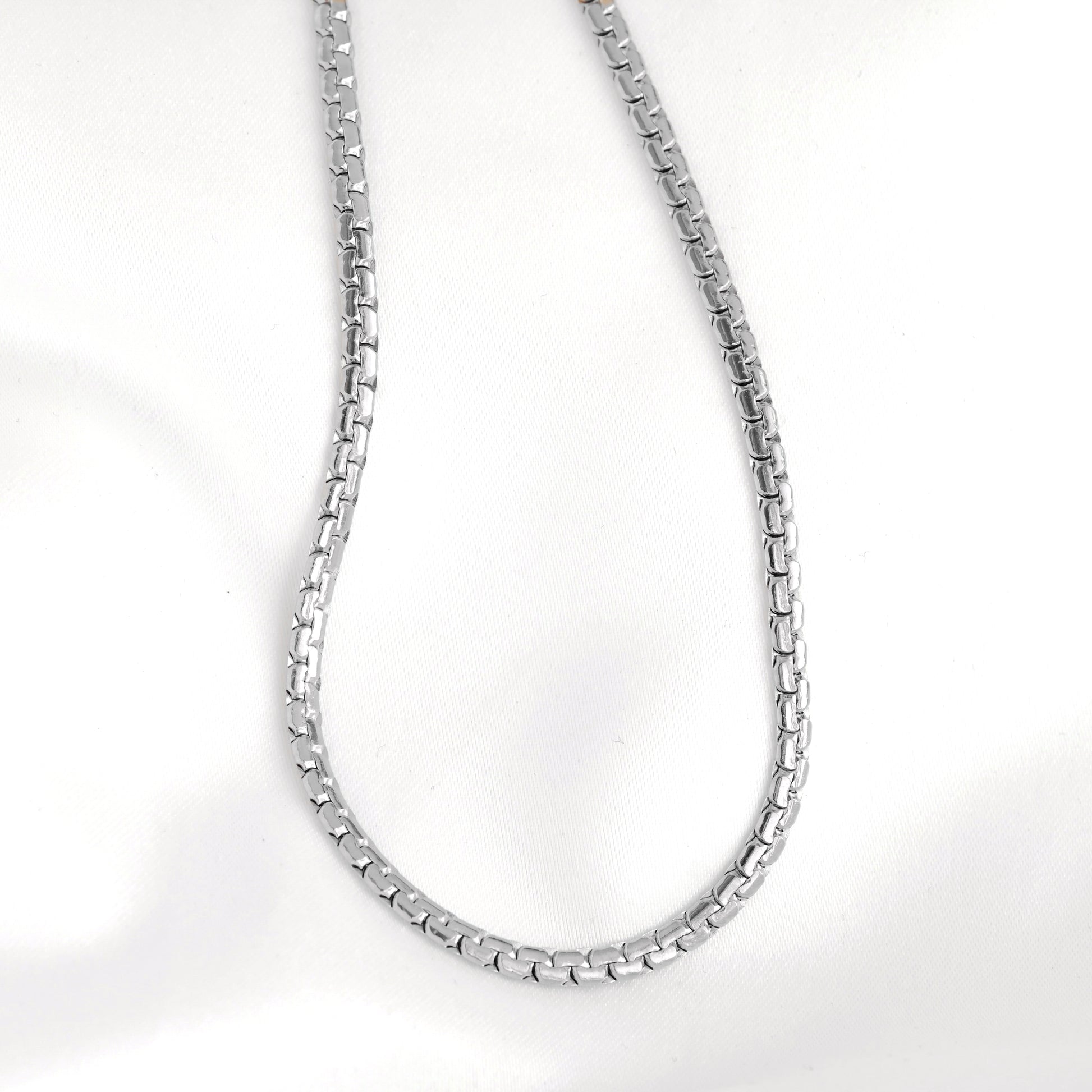 A silver metal snake bone necklace arranged in a U-shape on a plain white background.