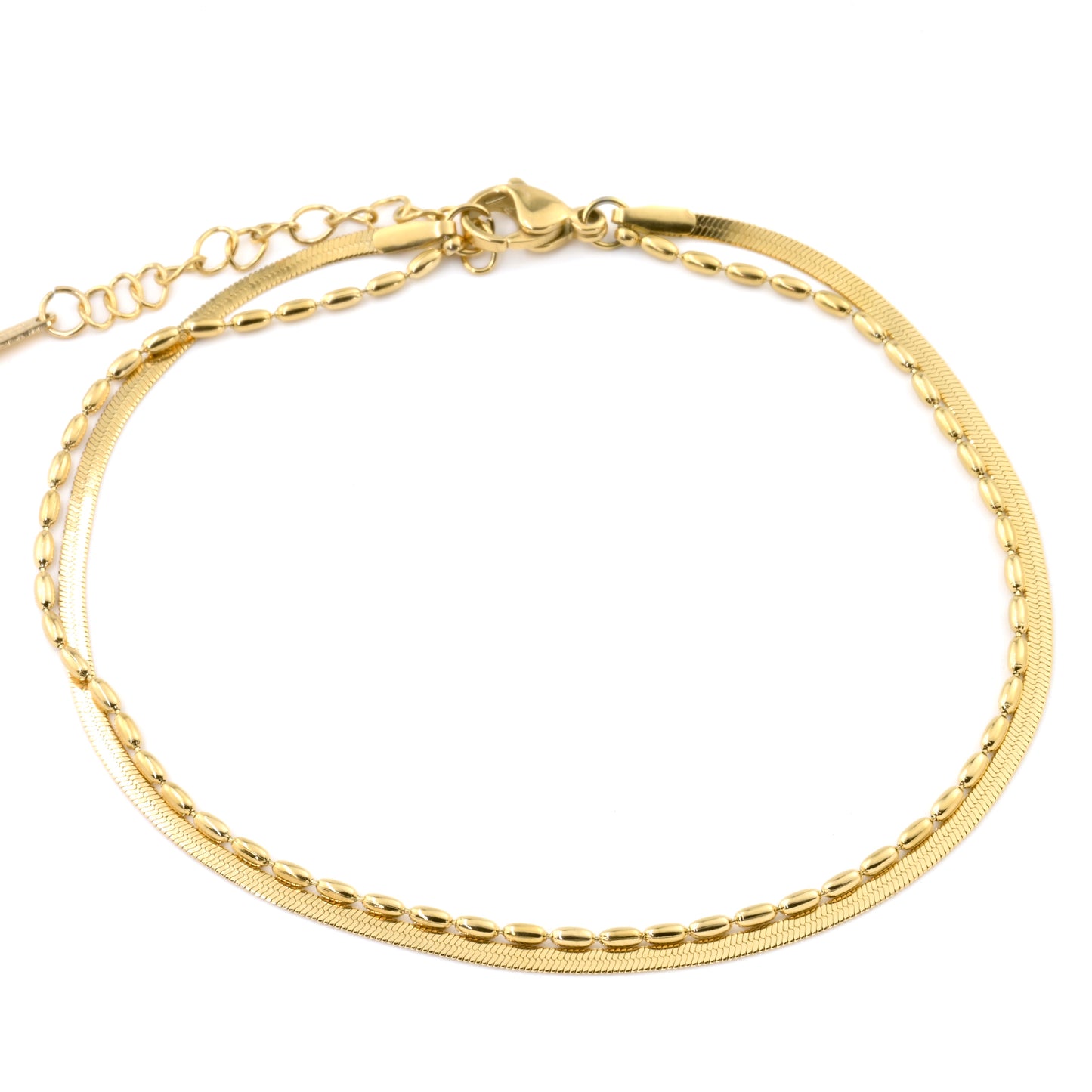 Layered Herringbone Anklet, Snake and Beaded Chain Anklet Set, Waterproof