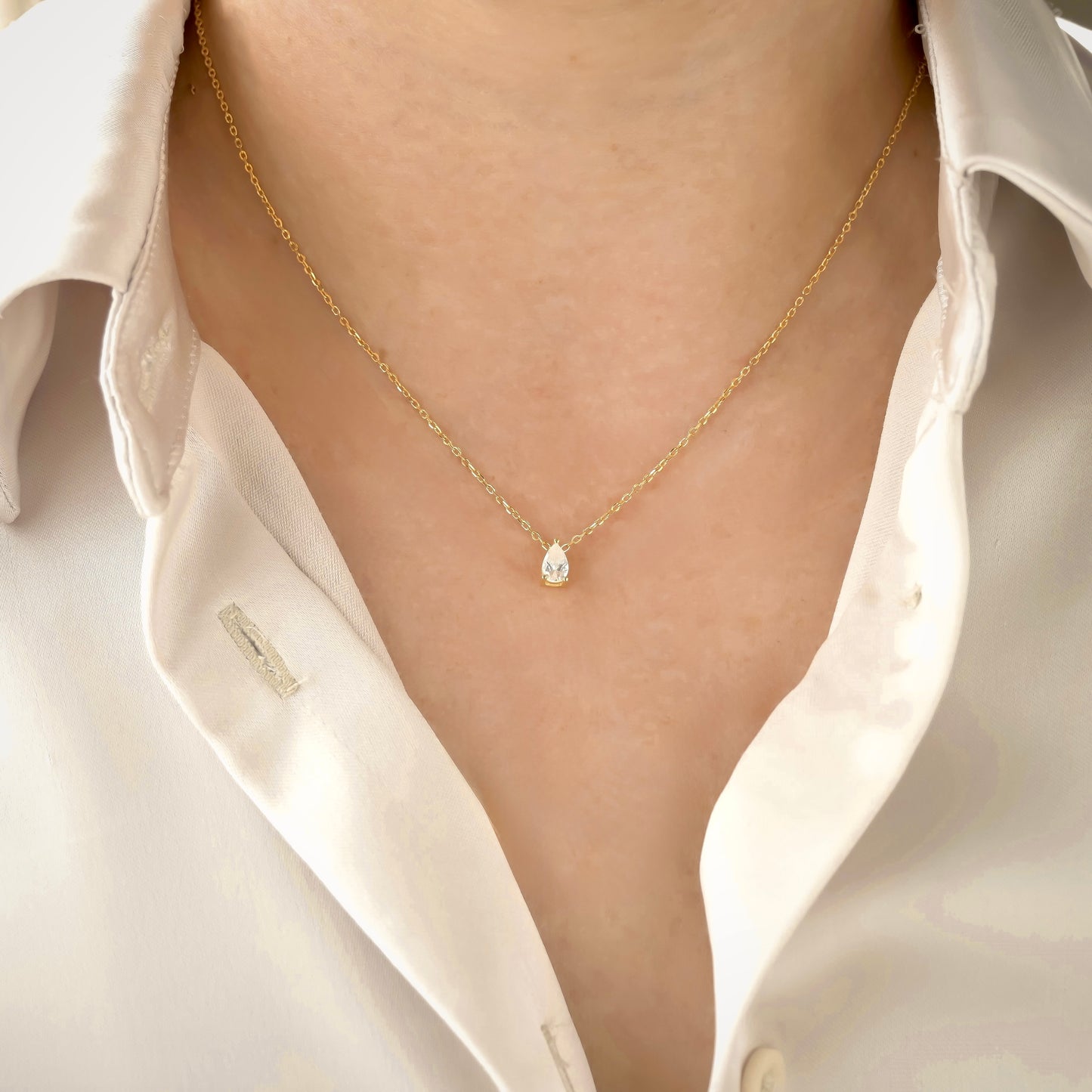 925 Sterling Silver Diamond Charm Necklace, Gold Plated, Teardrop Solitaire Chevron Charms