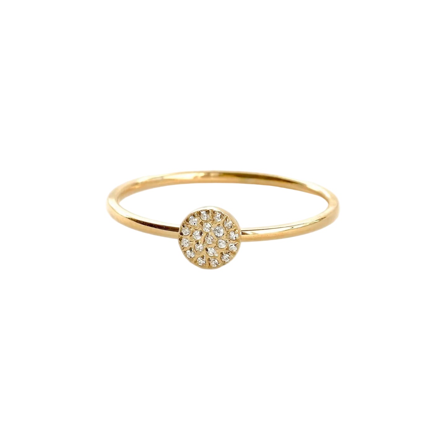 Front view of slim gold ring with a pave CZ disc in front on a white background