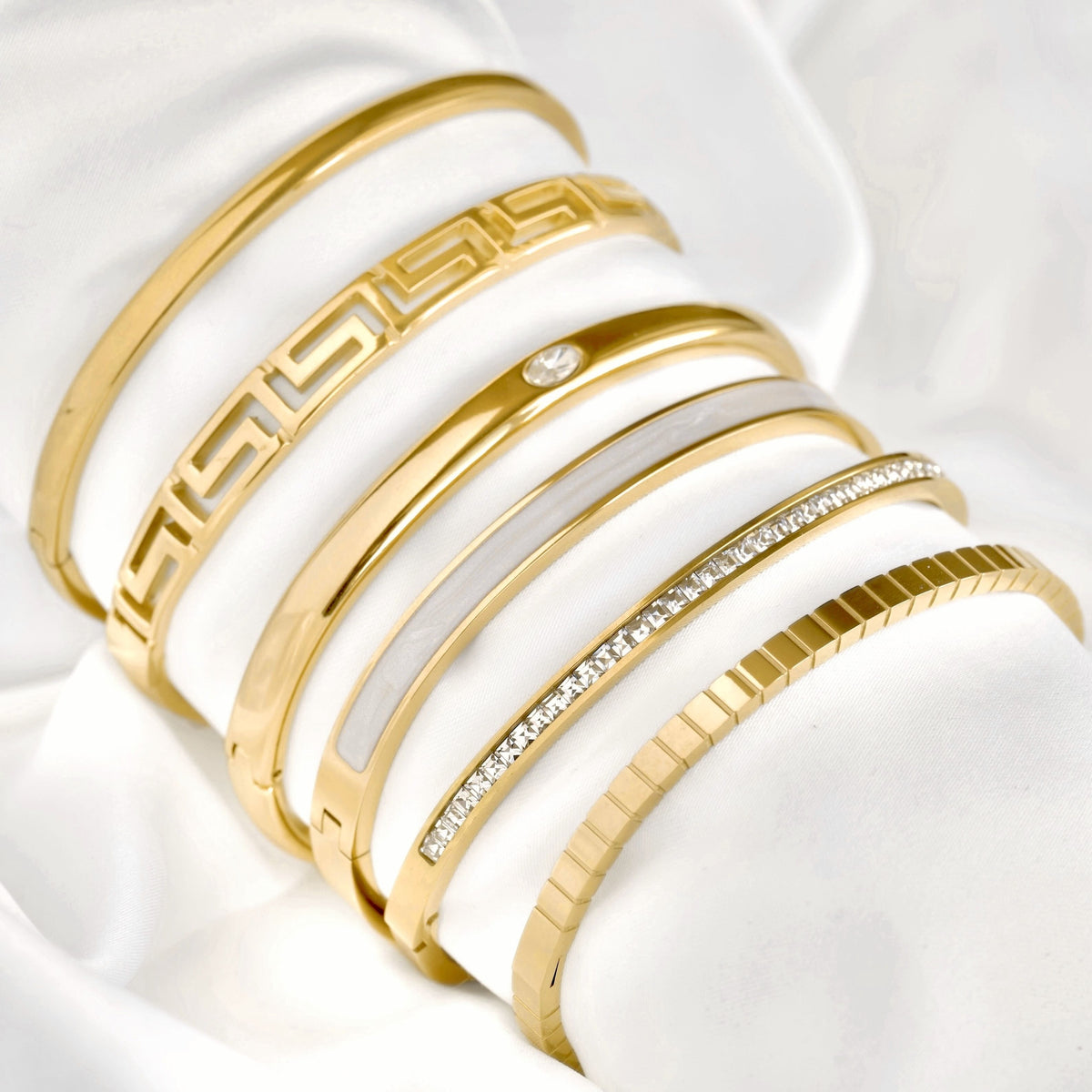 Mixed Motif Gold Hinged Bangle Set - Stainless Steel