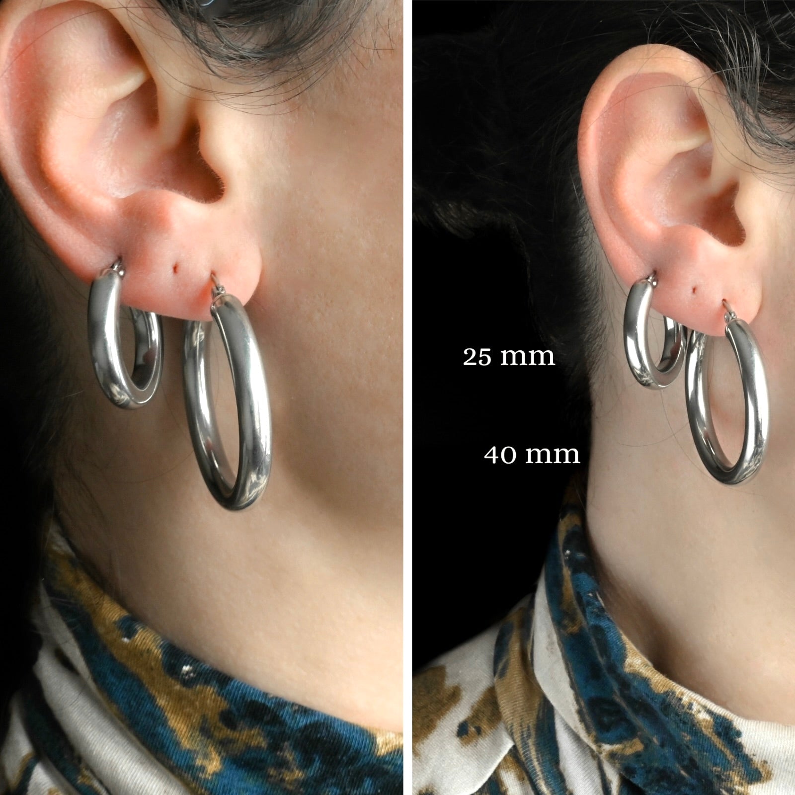 A collage showing chunky silver hoop earrings, one 25mm and one 40mm.