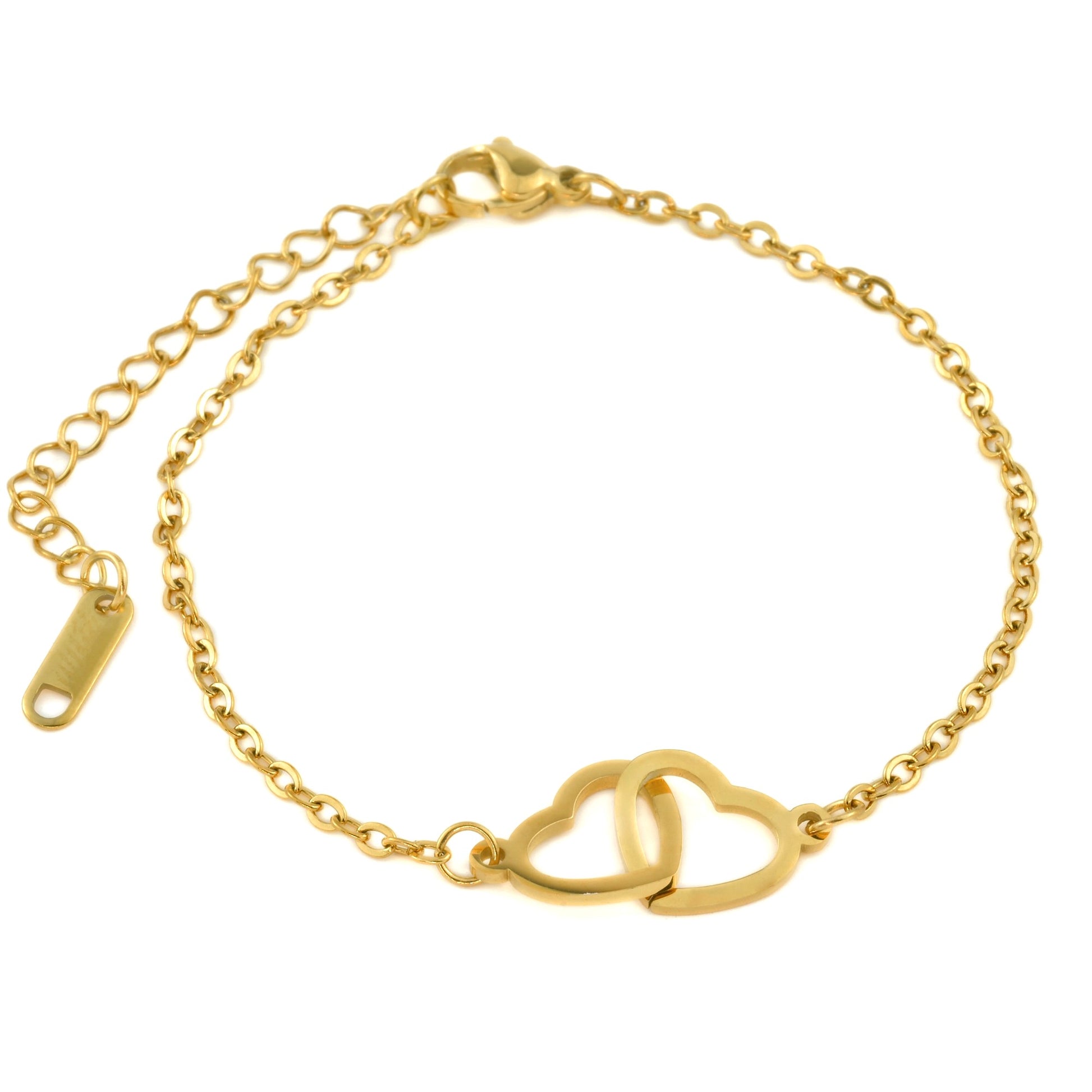 Top view of gold heart bracelet with interlocking heart charms on a white background