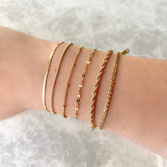 Dainty Gold  Bracelets, Choice of 6 Styles, Waterproof 18K Gold Plated Stainless Steel Bracelet Stack, 5" to 8"