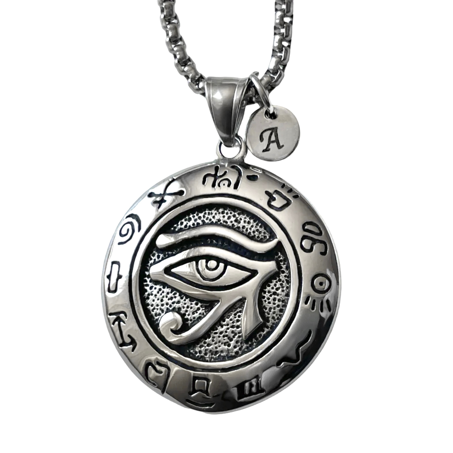 Silver horus medallion necklace with a tiny initial engraved disc on a white background