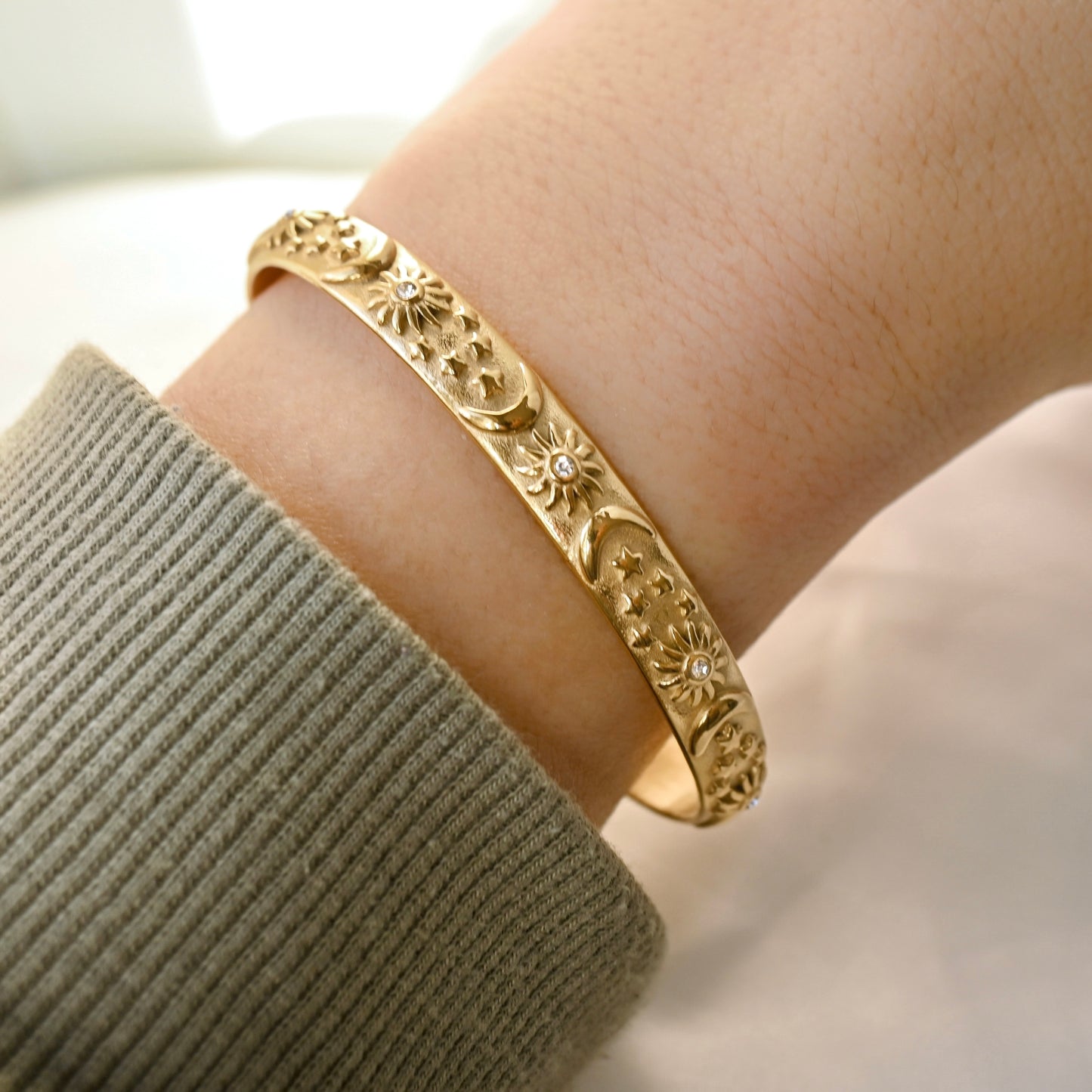 Bracelet manchette Soleil Lune Étoiles - Acier inoxydable