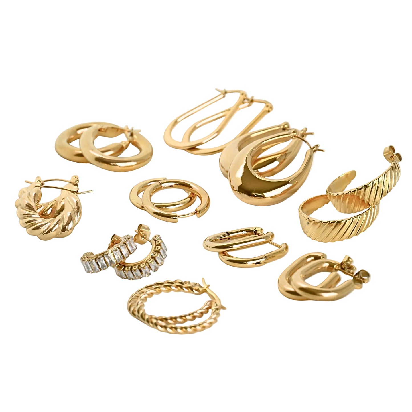 Collection of gold hoop earrings on a white background