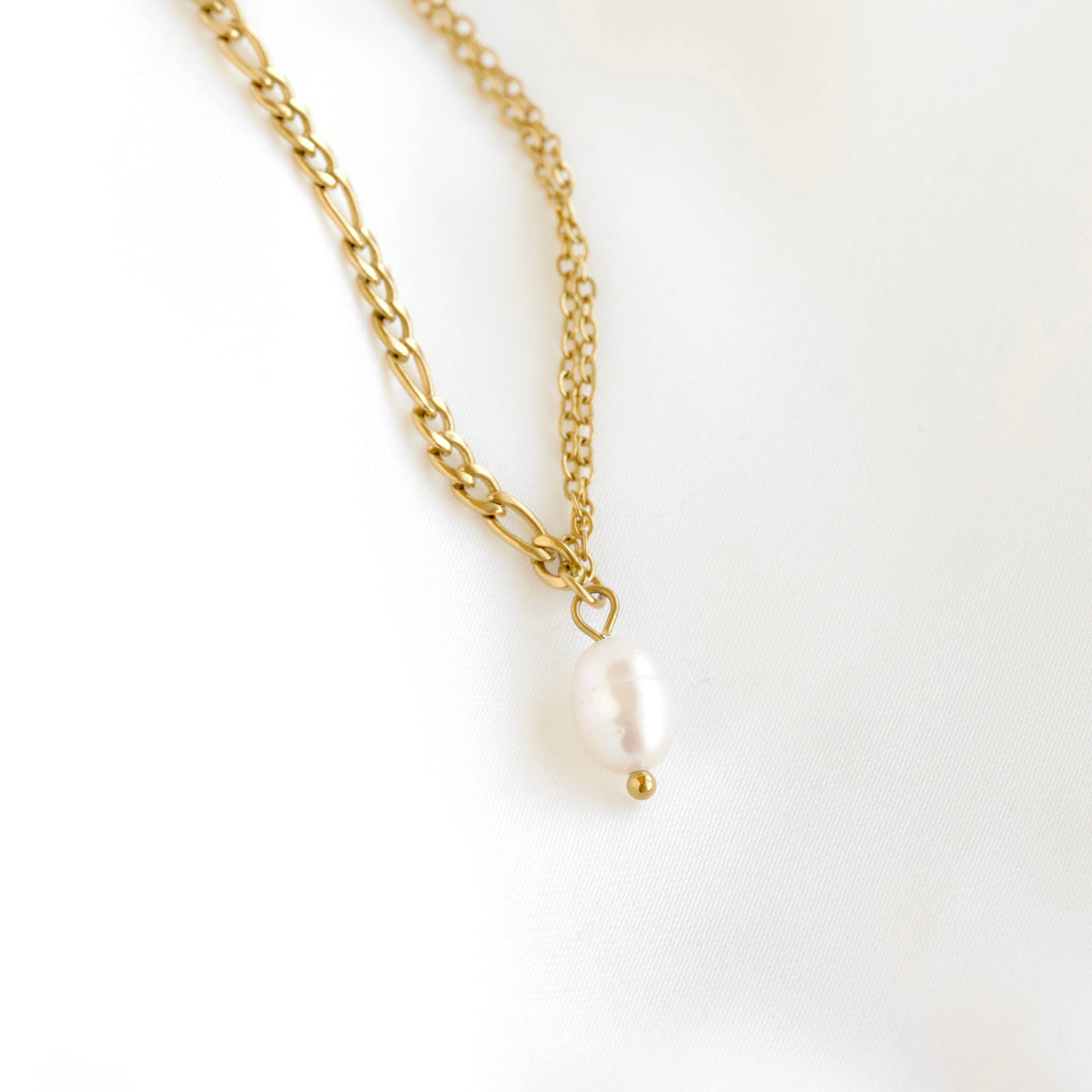 Mixed Chain Pearl Necklace - Stainless Steel Figaro & Cable