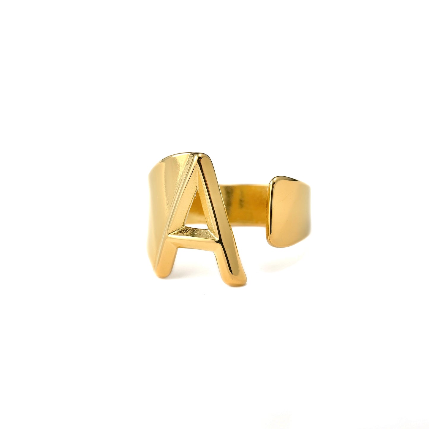 Chunky gold  initial ring with letter 'A' on a white background