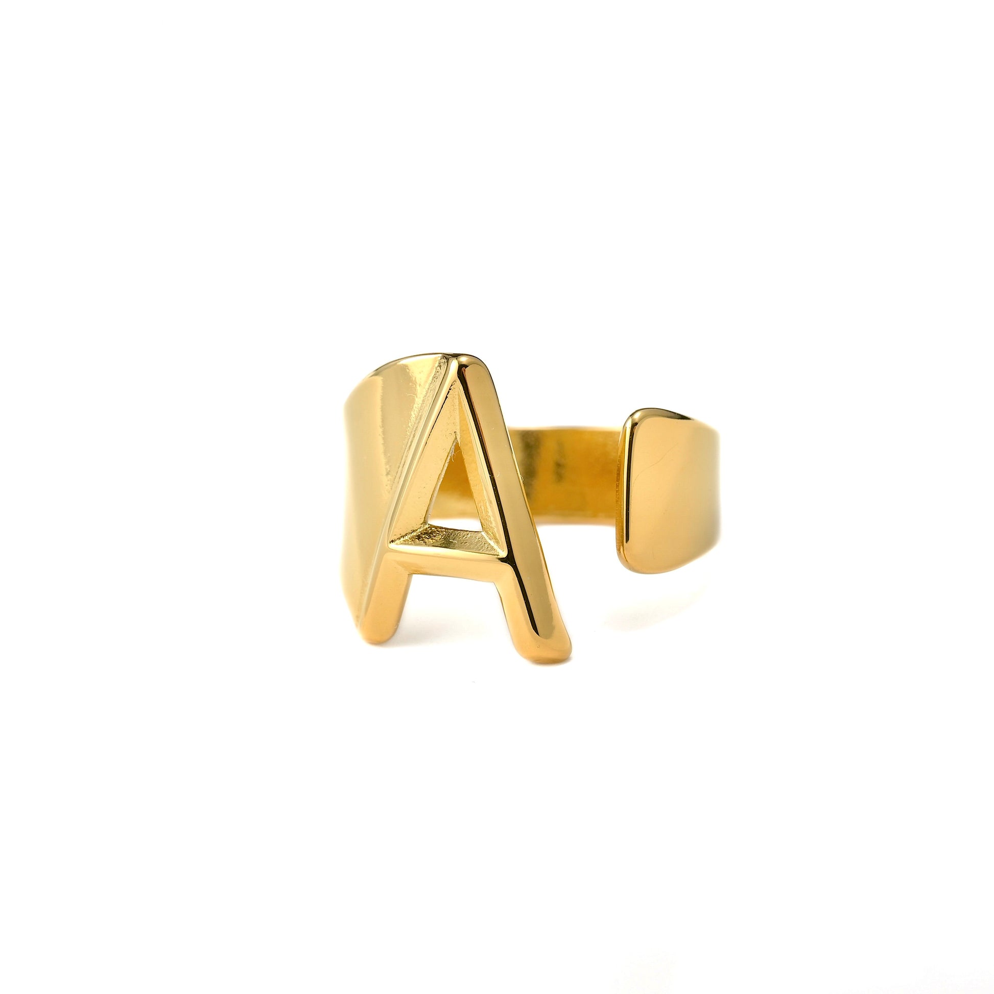 Chunky gold  initial ring with letter 'A' on a white background