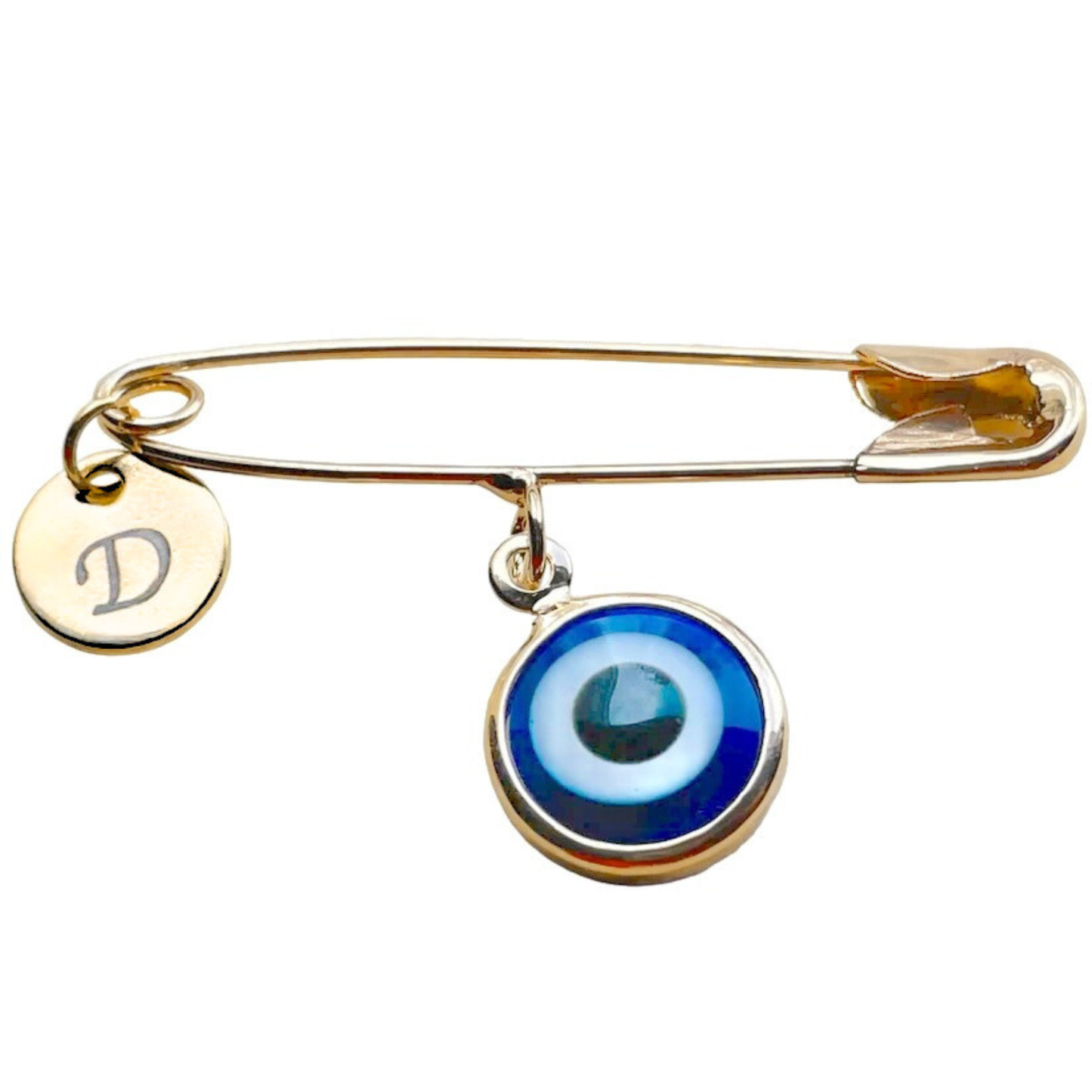 Gold brooch with a blue eye design and a gold disc with a letter 'D'.