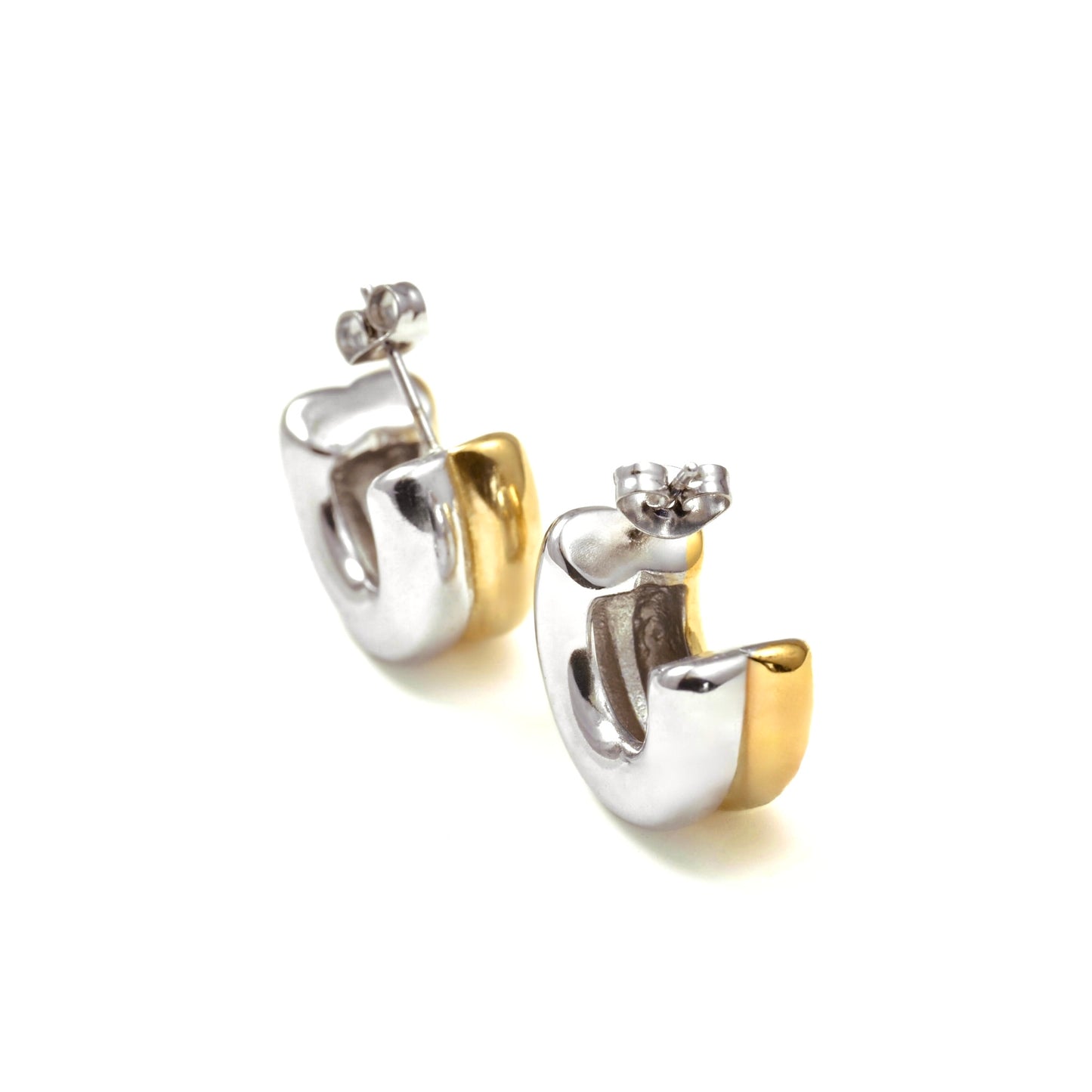 Pair of two tone chunky hoop earrings on a white background