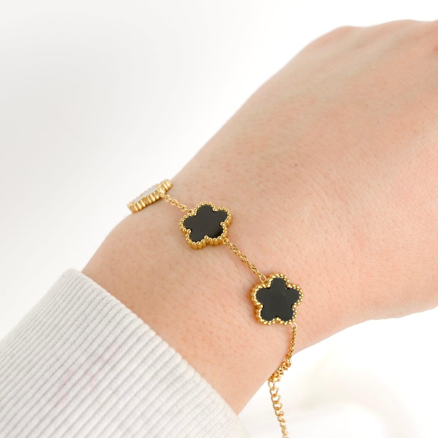 Shell Inlay Milgrain Flower Bracelet - Stainless Steel, Mother of Pearl & Onyx