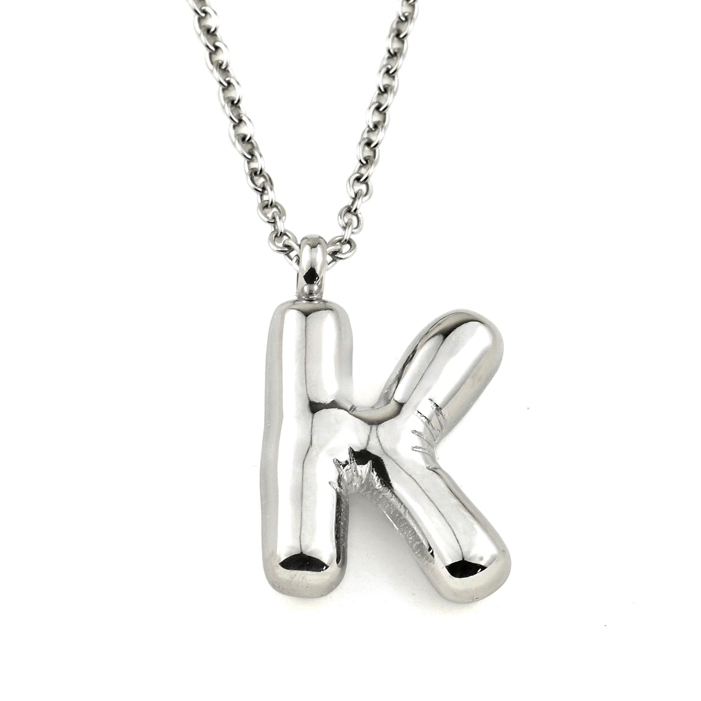 Silver balloon'K' letter necklace on a white background