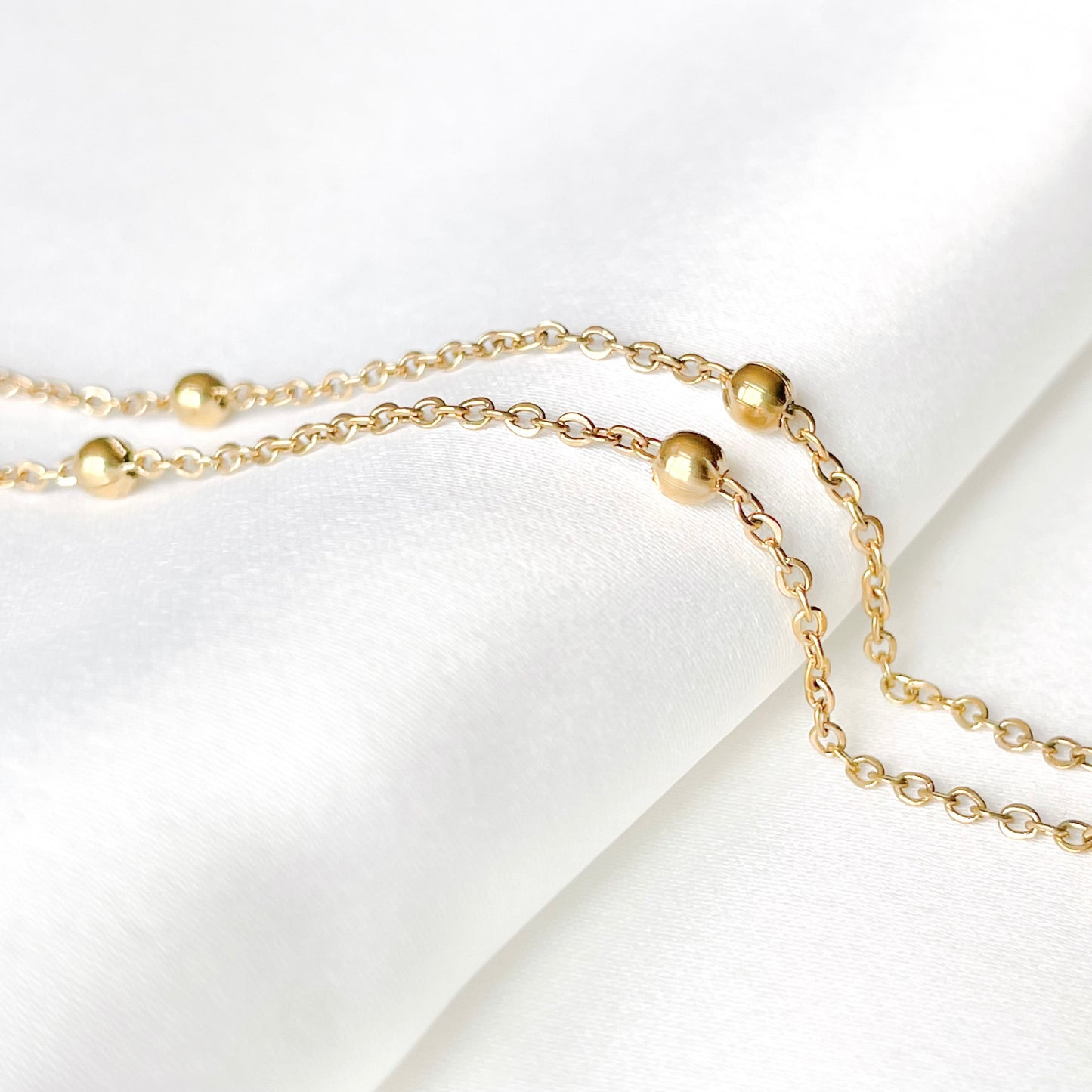 Satellite Chain Necklace - Beaded Gold Necklace for Stacking, Stainless Steel, 16"
