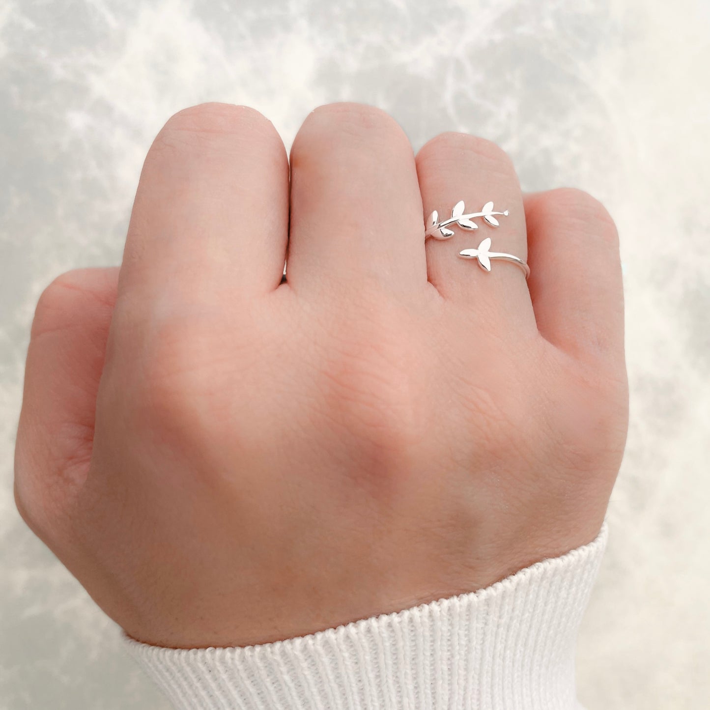 Dainty Silver Olive Branch Ring - 925 Sterling Silver - Adjustable