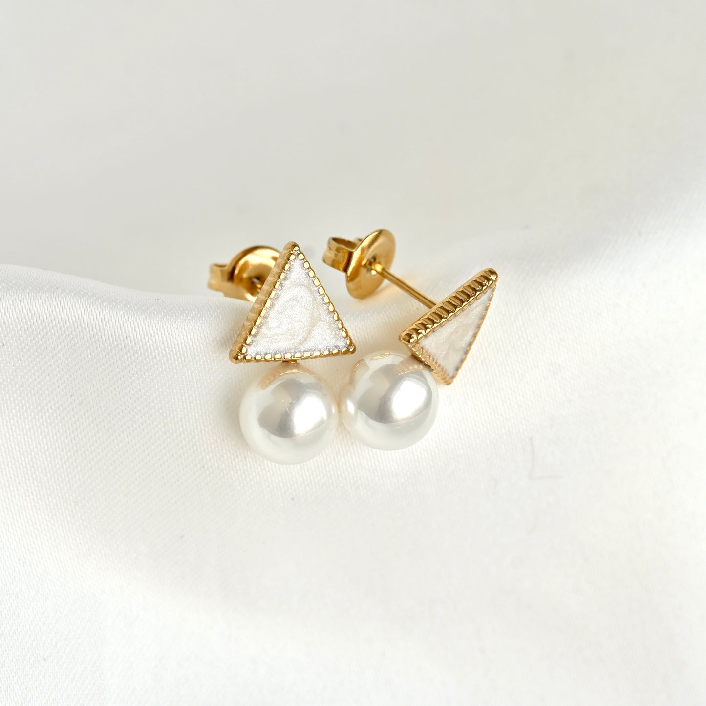 Milgrain Triangle Pearl Earrings - Stainless Steel